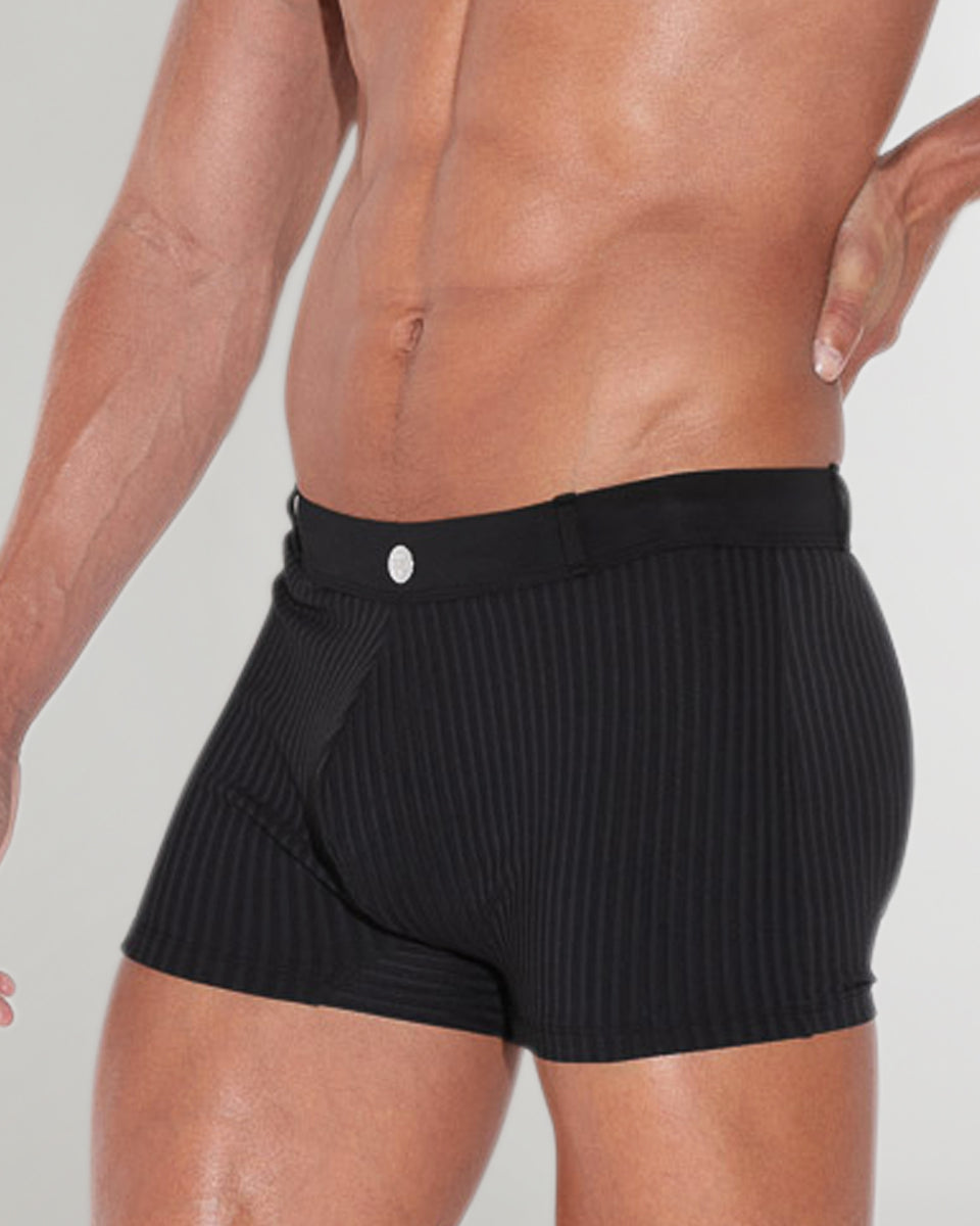 CODE 22 Sitges Swim Trunk Black - men's swim trunk featuring mesh-lined contoured pouch and tailored silhouette, side view