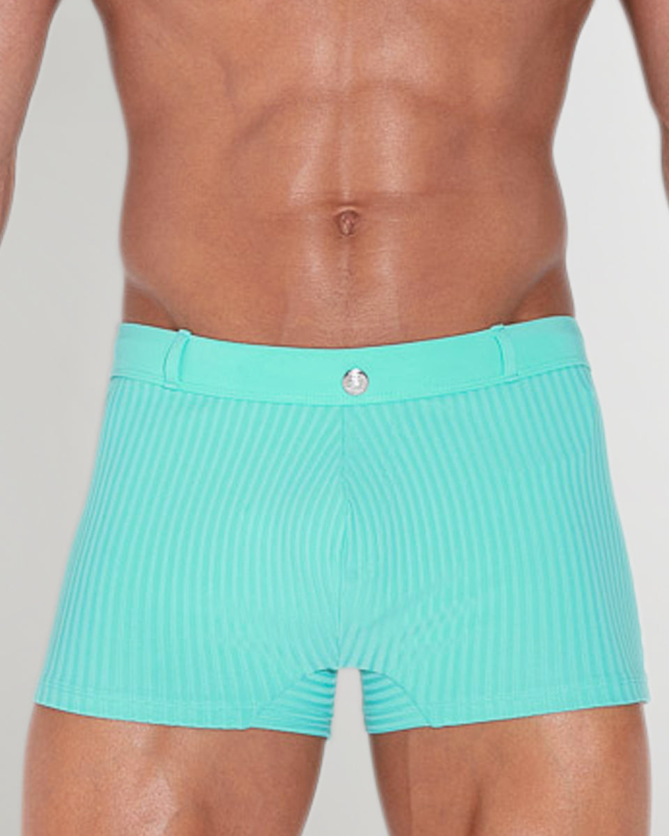 CODE 22 Sitges Swim Trunk Green - men's mid-rise swim trunk with quick-dry polyamide fabric and side piping detail, front view