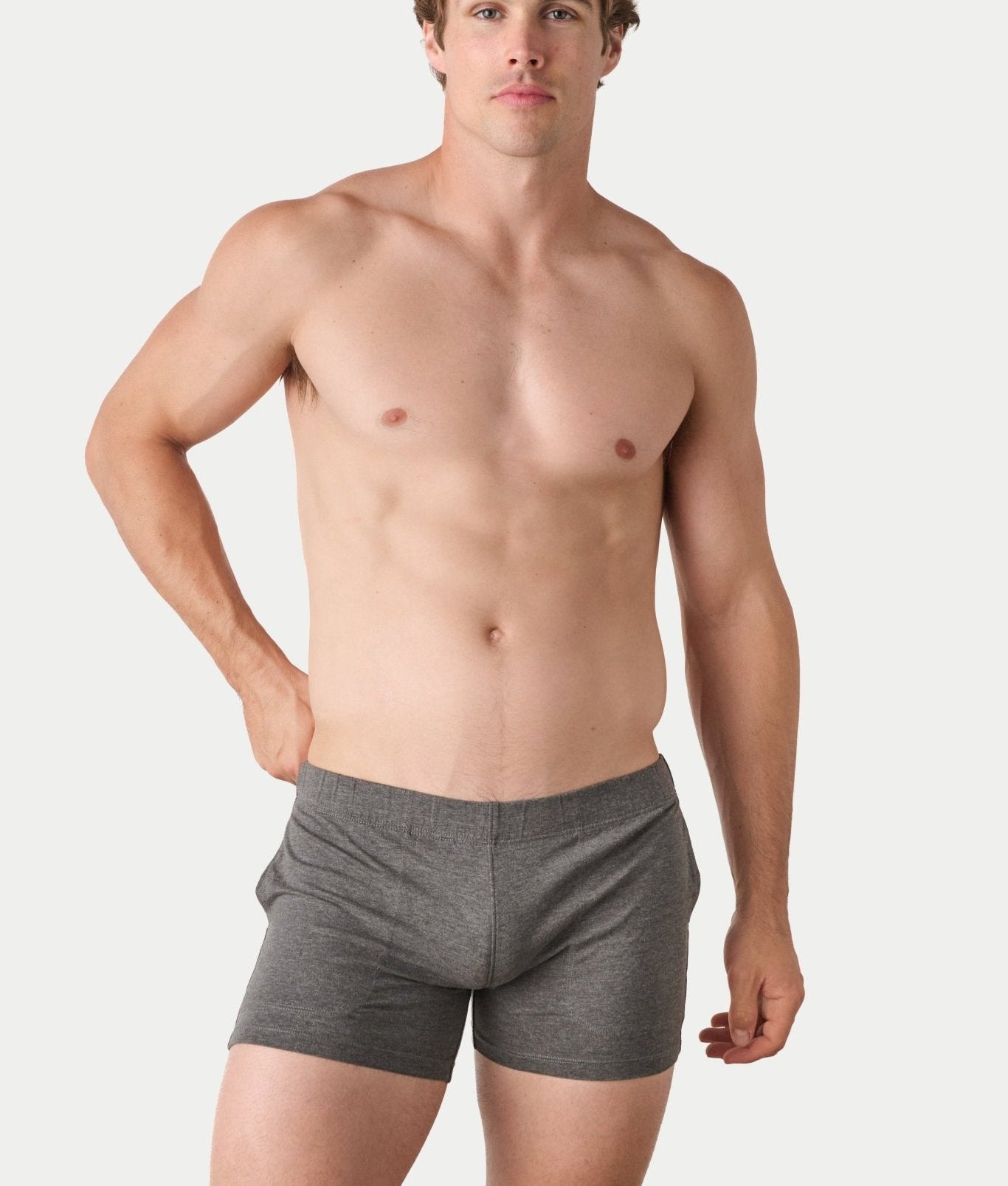 Awry Flow 4 Inch Short V2 Heather Gray — close-up of bamboo-cotton fabric texture and form-fitting leg opening