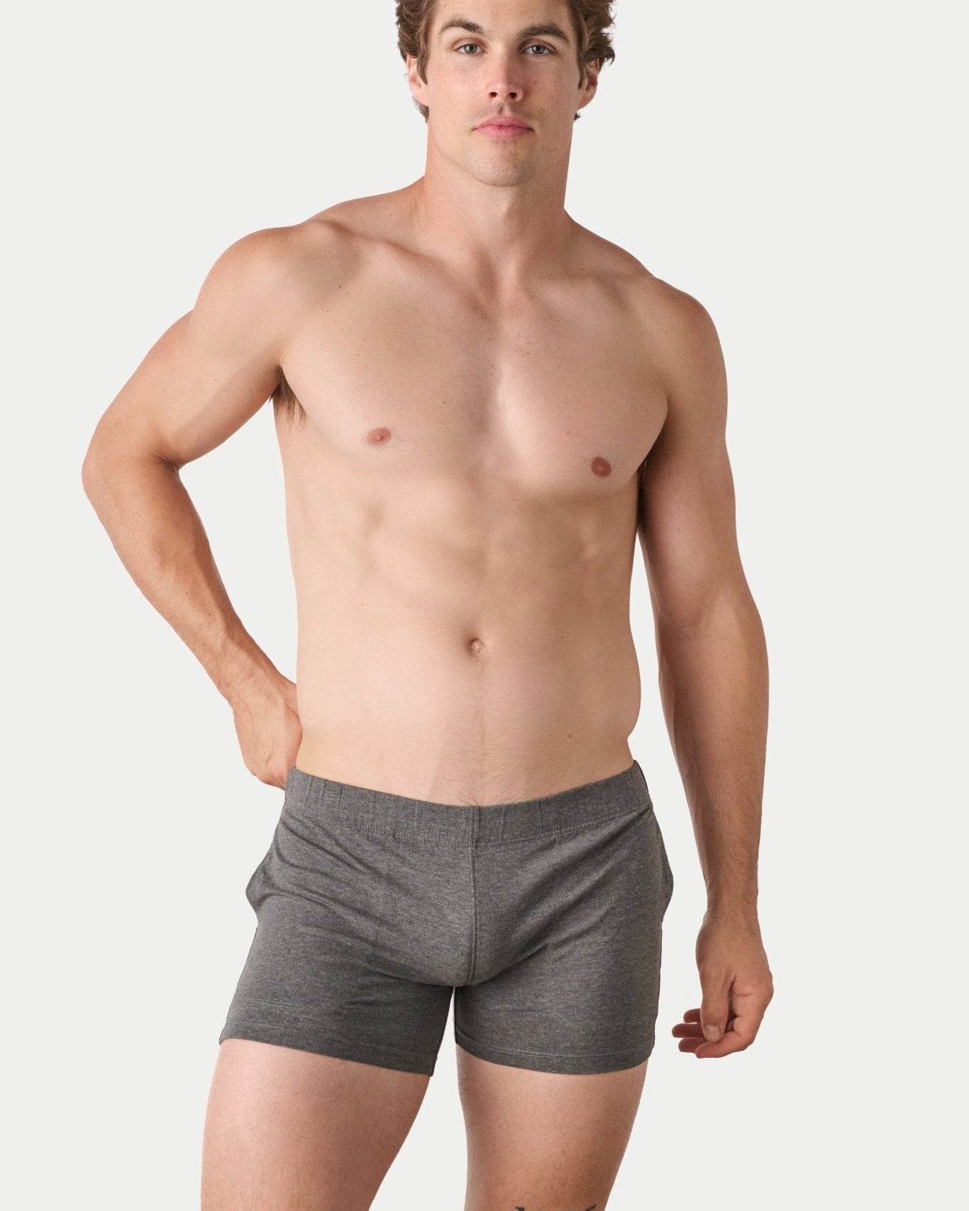 Awry Flow 4 Inch Short V2 Heather Gray — close-up of bamboo-cotton fabric texture and form-fitting leg opening