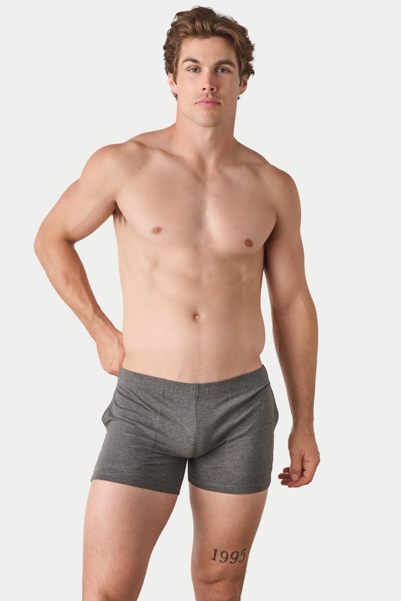Awry Flow 4 Inch Short V2 Heather Gray — close-up of bamboo-cotton fabric texture and form-fitting leg opening