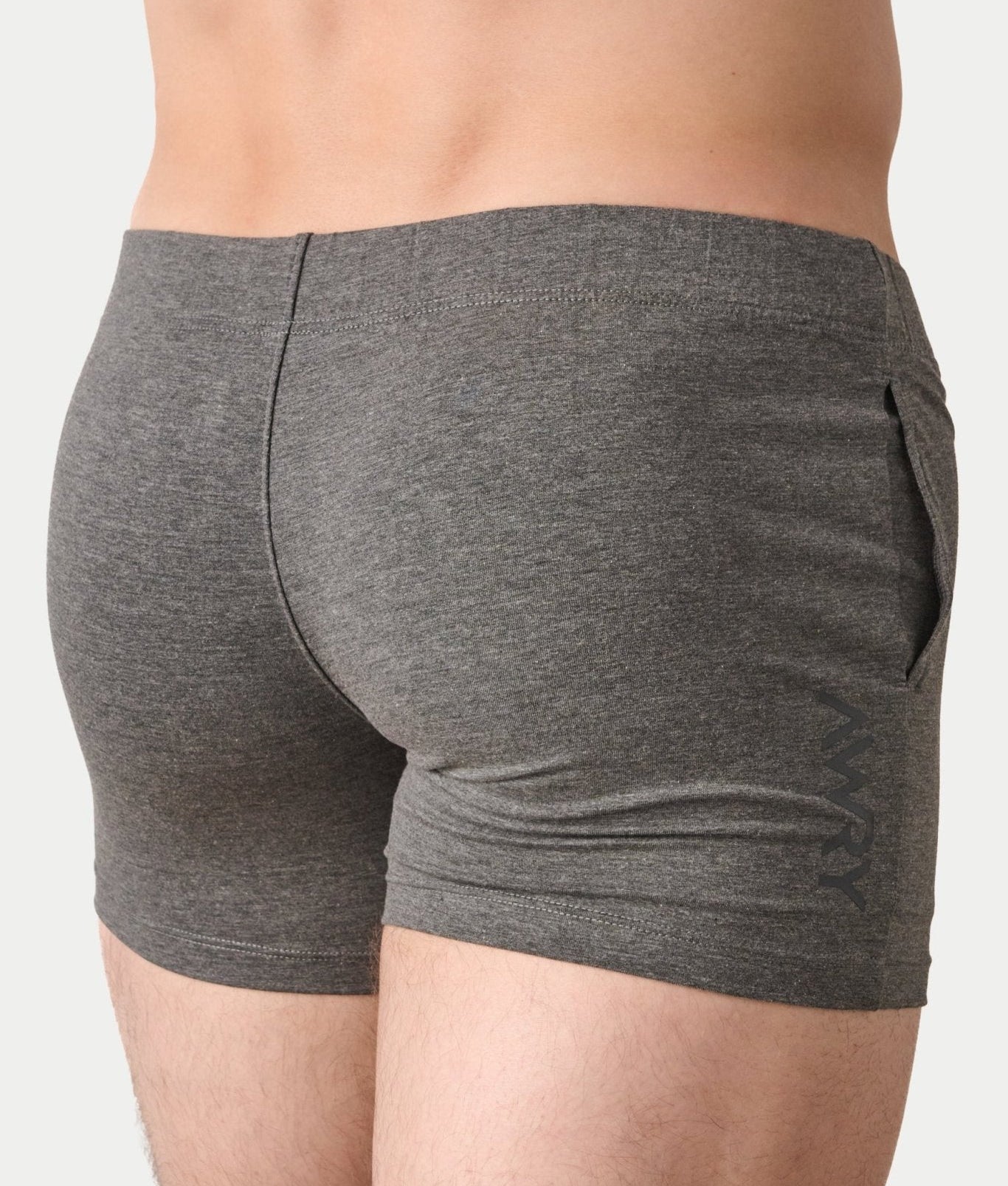 Awry Flow 4 Inch Short V2 Heather Gray — rear view showing extra-high inseam and glute-sculpting cut