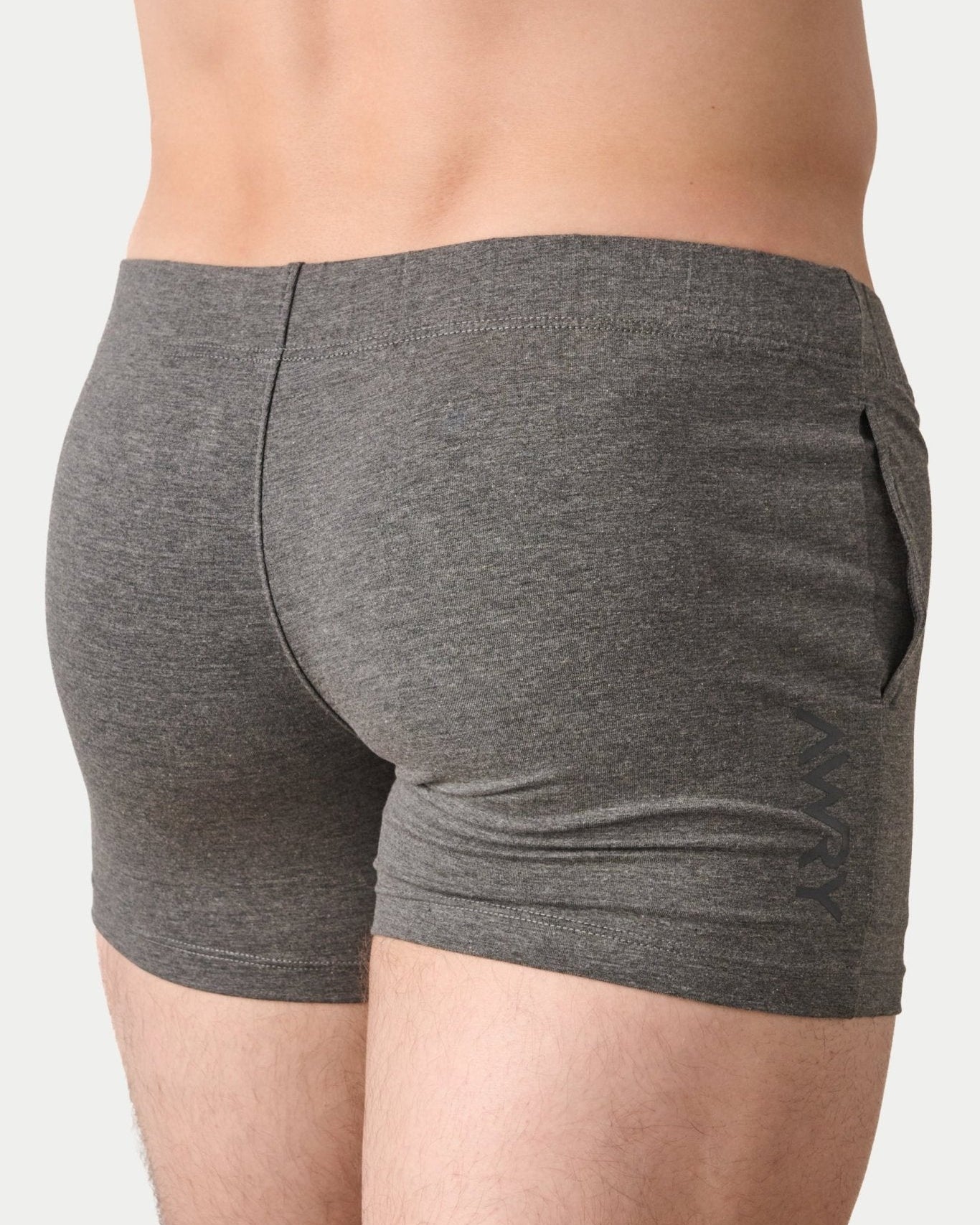 Awry Flow 4 Inch Short V2 Heather Gray — rear view showing extra-high inseam and glute-sculpting cut