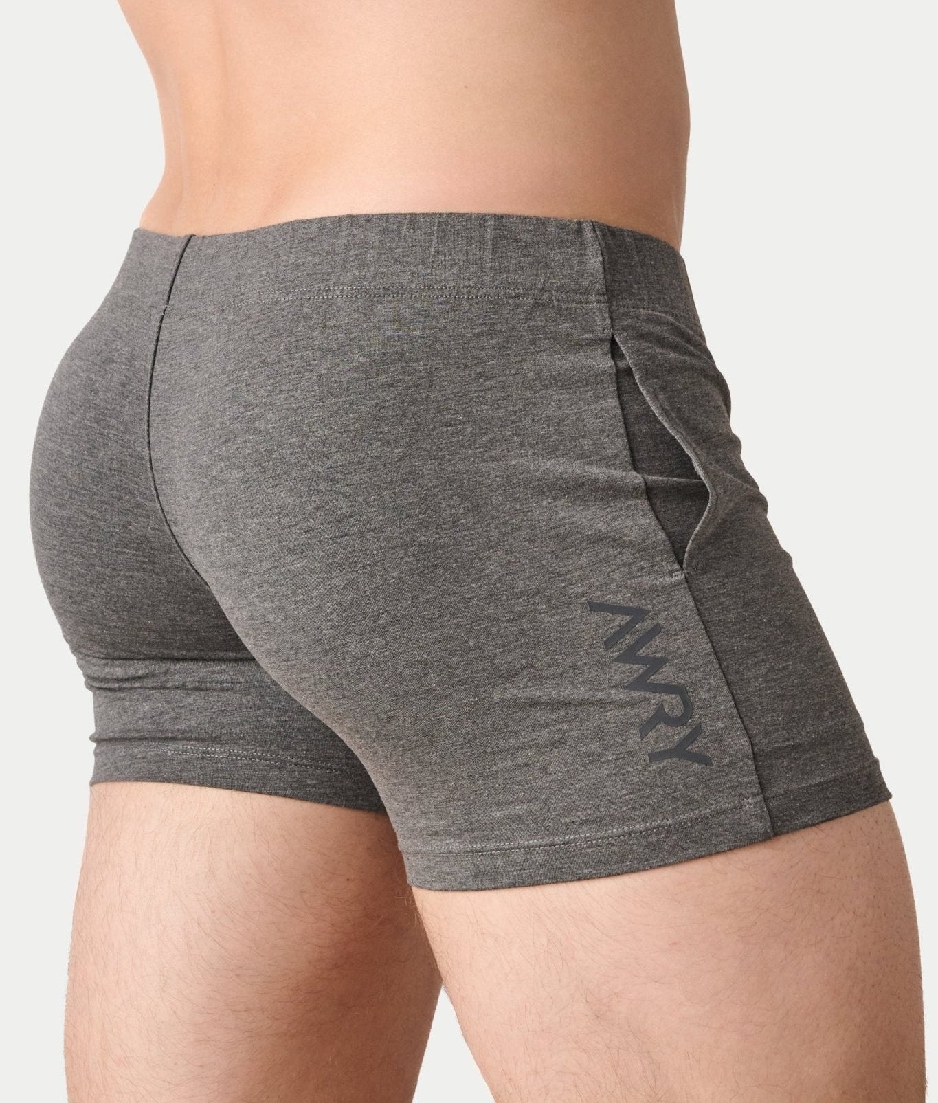 Awry Flow 4 Inch Short V2 Heather Gray — side view showing roomy front pocket and smooth waistband