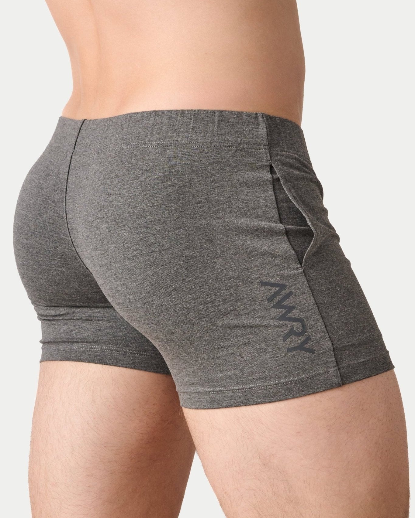 Awry Flow 4 Inch Short V2 Heather Gray — side view showing roomy front pocket and smooth waistband