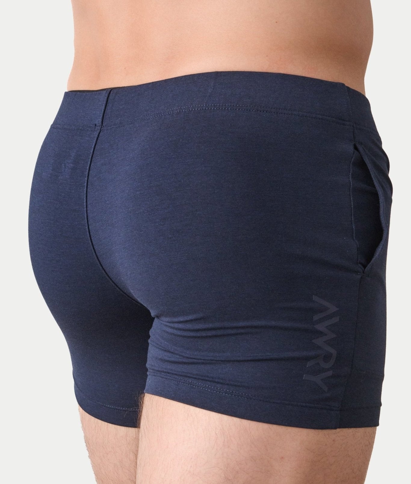 Awry Flow 4 Inch Short V2 Navy — rear view showing extra-high inseam and glute-sculpting cut