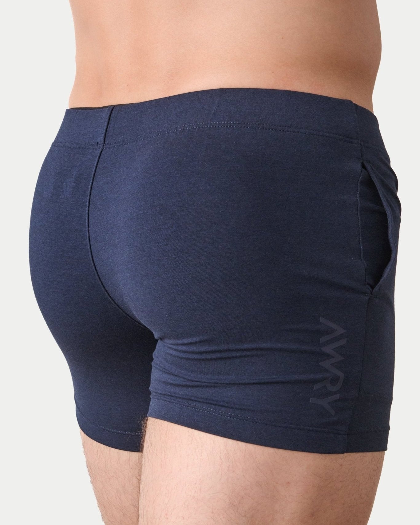 Awry Flow 4 Inch Short V2 Navy — rear view showing extra-high inseam and glute-sculpting cut