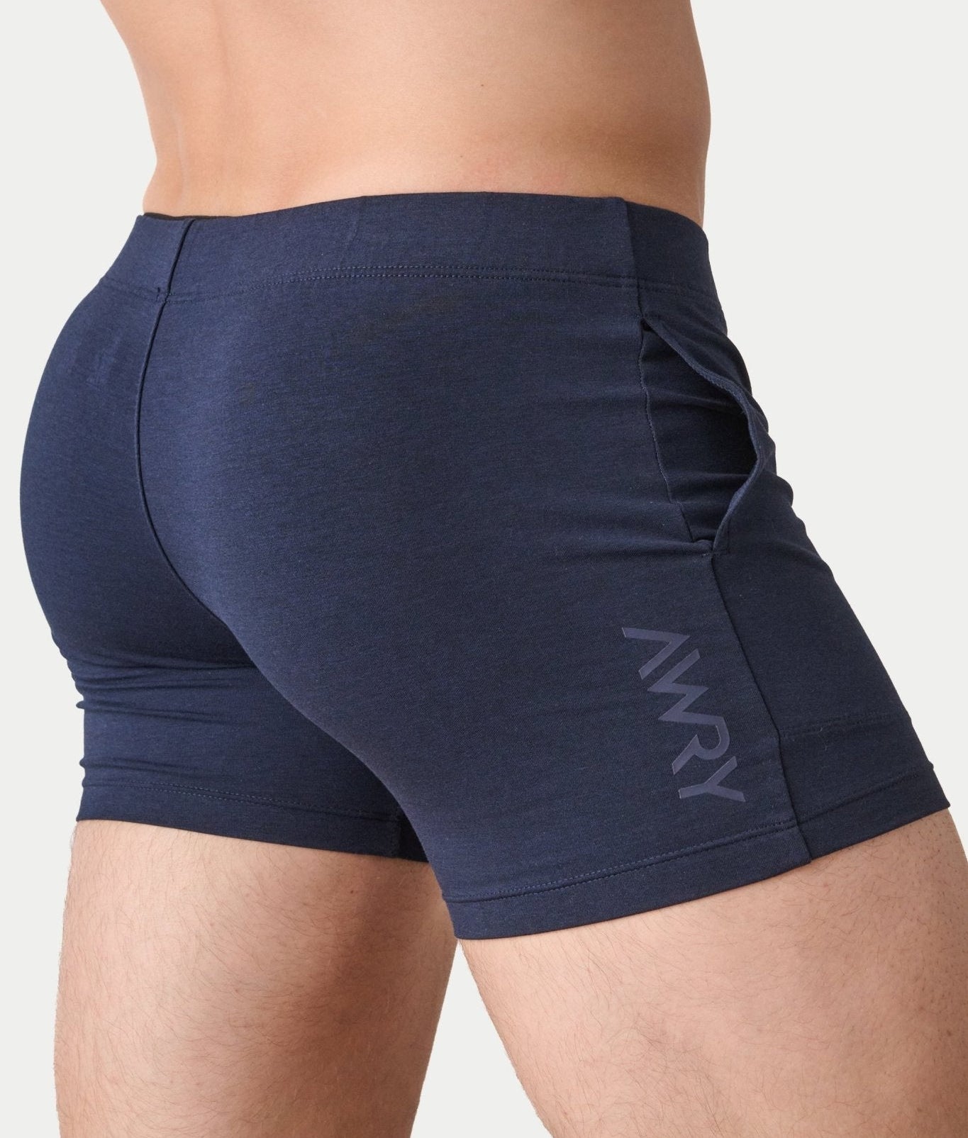 Awry Flow 4 Inch Short V2 Navy — side view showing roomy front pocket and smooth waistband