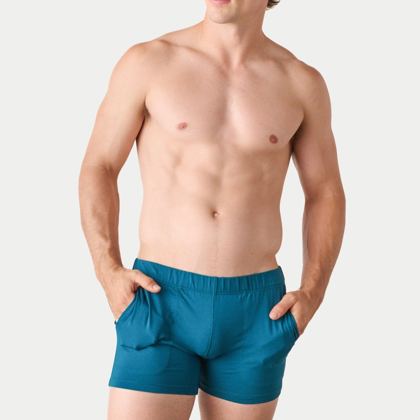 Awry Flow 4 Inch Short V2 Teal — close-up of bamboo-cotton fabric texture and form-fitting leg opening