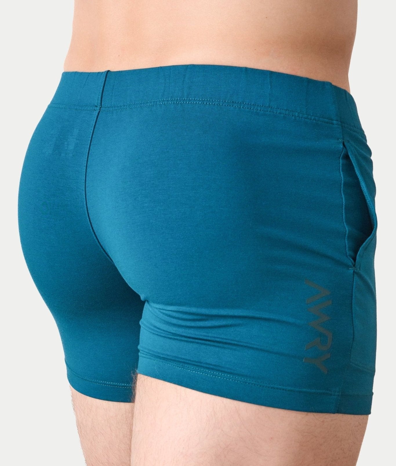 Awry Flow 4 Inch Short V2 Teal — rear view showing extra-high inseam and glute-sculpting cut