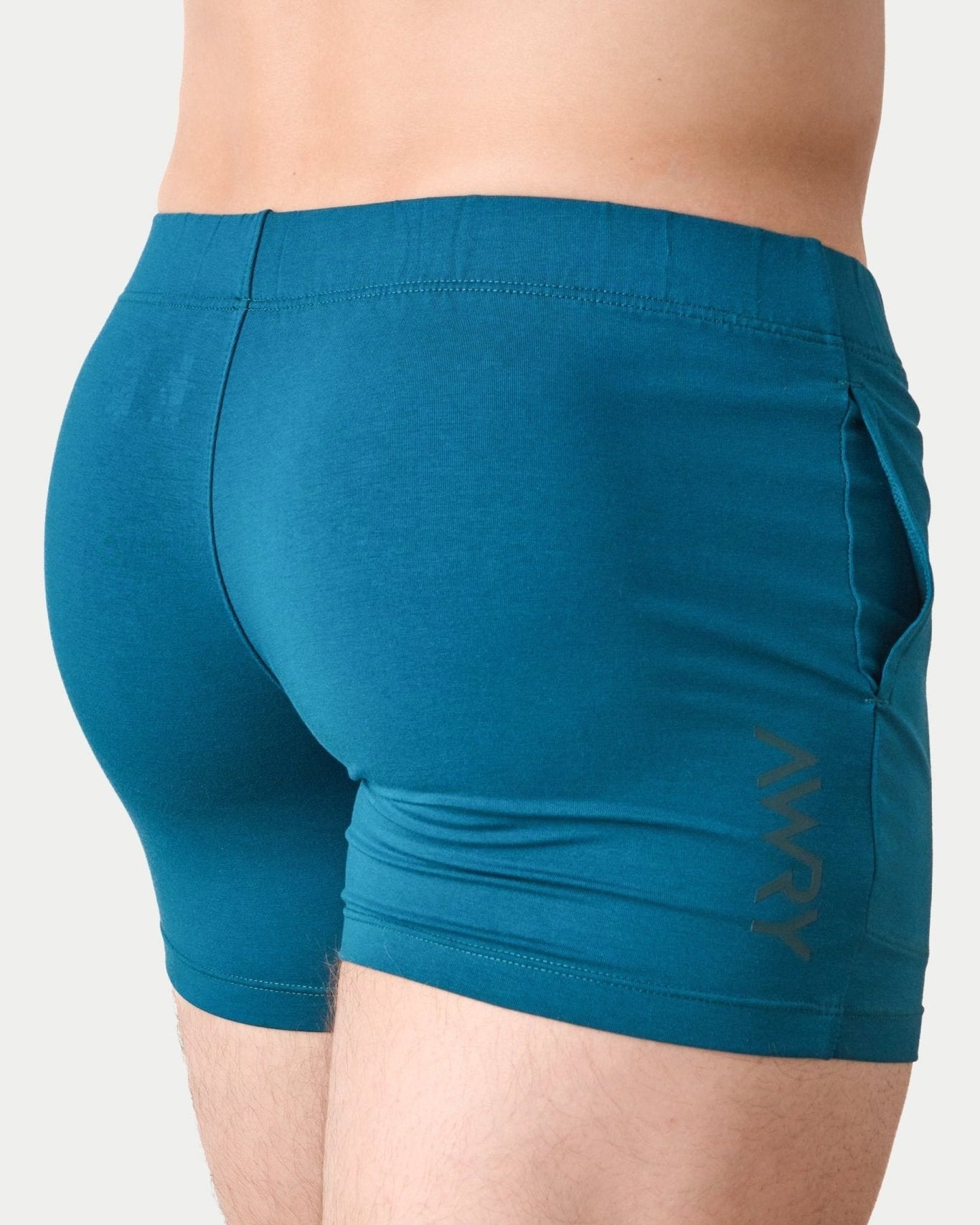 Awry Flow 4 Inch Short V2 Teal — rear view showing extra-high inseam and glute-sculpting cut