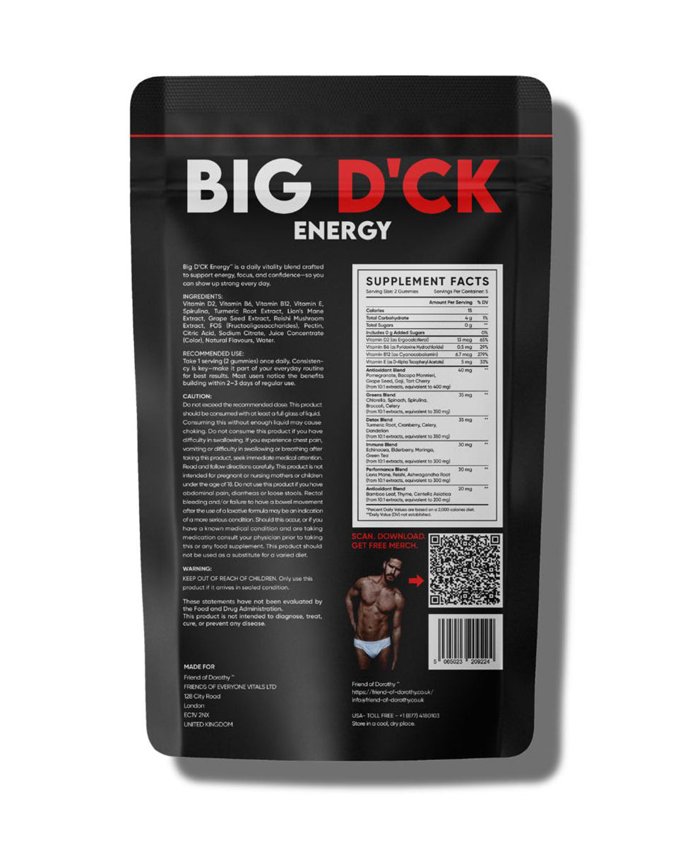 Friend of Dorothy Big D'Energy — men's daily energy and wellness supplement lifestyle shot