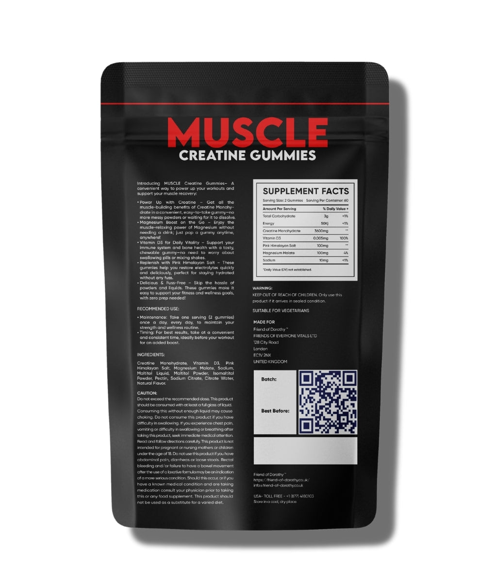 Friend of Dorothy Muscle Creatine Gummies — men's strength & recovery supplement, back with supplement facts