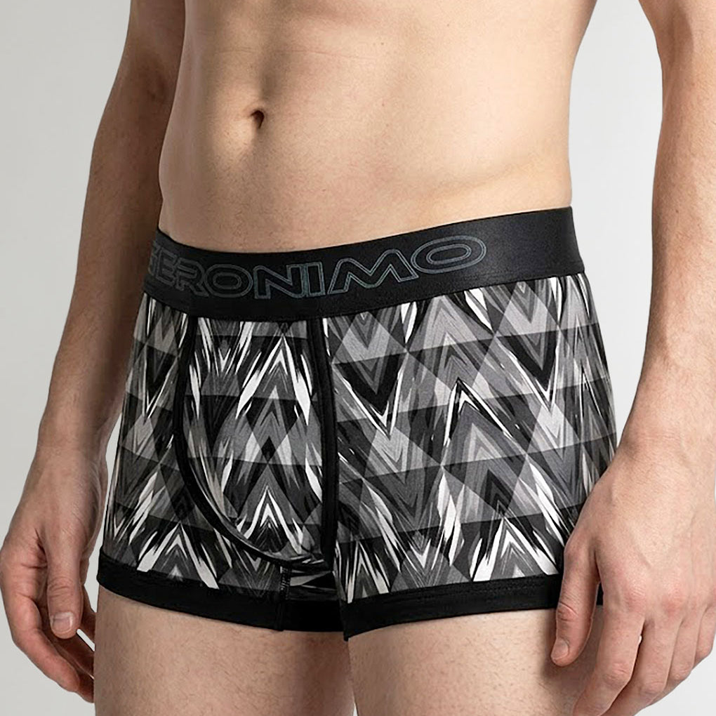 Geronimo Modern Mosaic Trunk Black - men's micro modal trunk underwear, front view