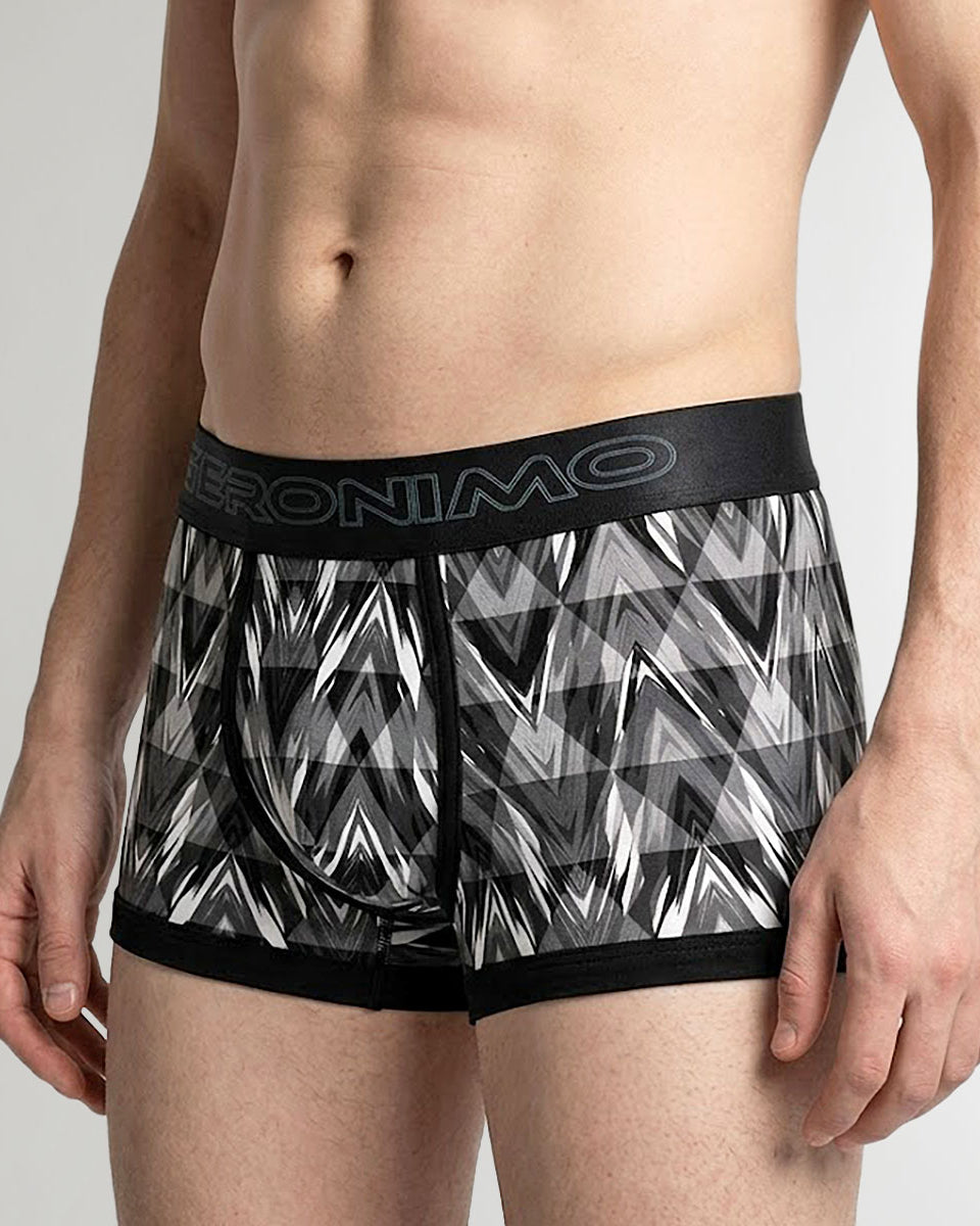 Geronimo Modern Mosaic Trunk Black - men's micro modal trunk underwear, front view