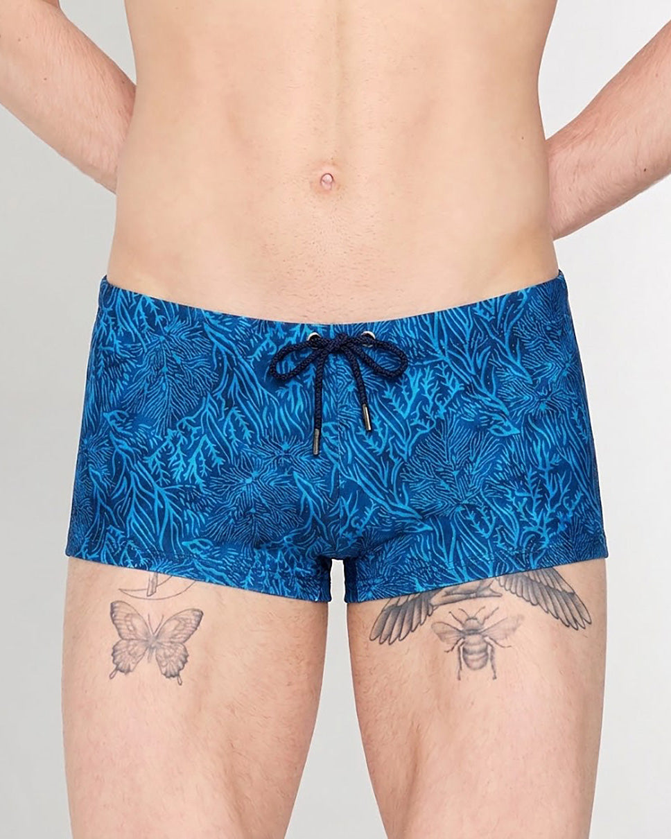 HOM Panarea Swim Short Blue Print - men's designer swim trunk front view