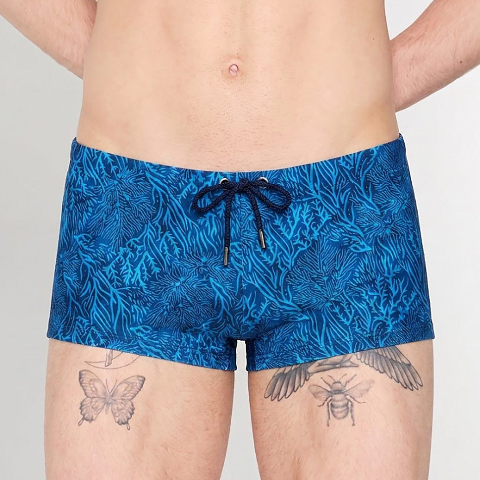 HOM Panarea Swim Short Blue Print - men's designer swim trunk front view
