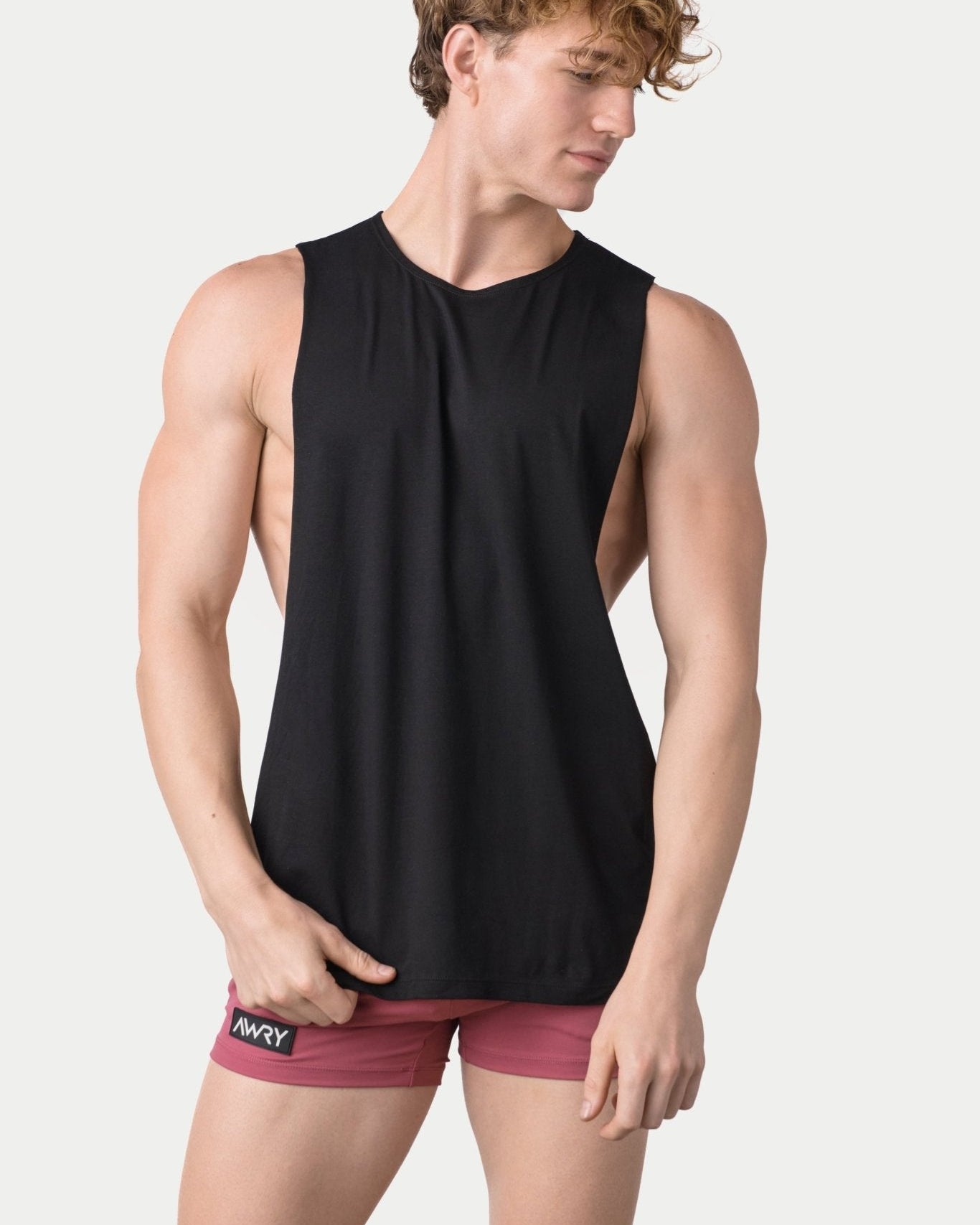 Awry Impact Tank Black — men's cotton-modal activewear tank with deep side cutouts, front view