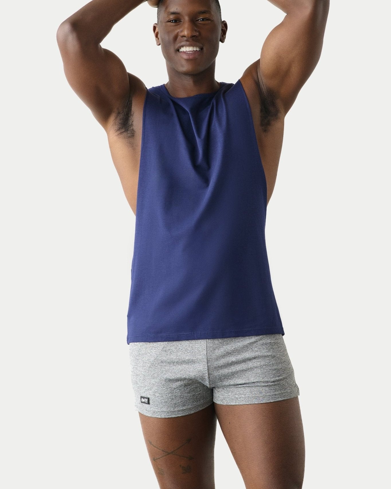 Awry Impact Tank Navy — close-up of organic cotton-modal fabric texture and drape