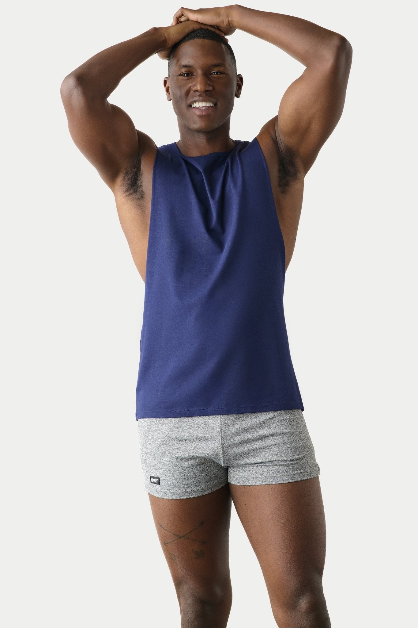 Awry Impact Tank Navy — close-up of organic cotton-modal fabric texture and drape