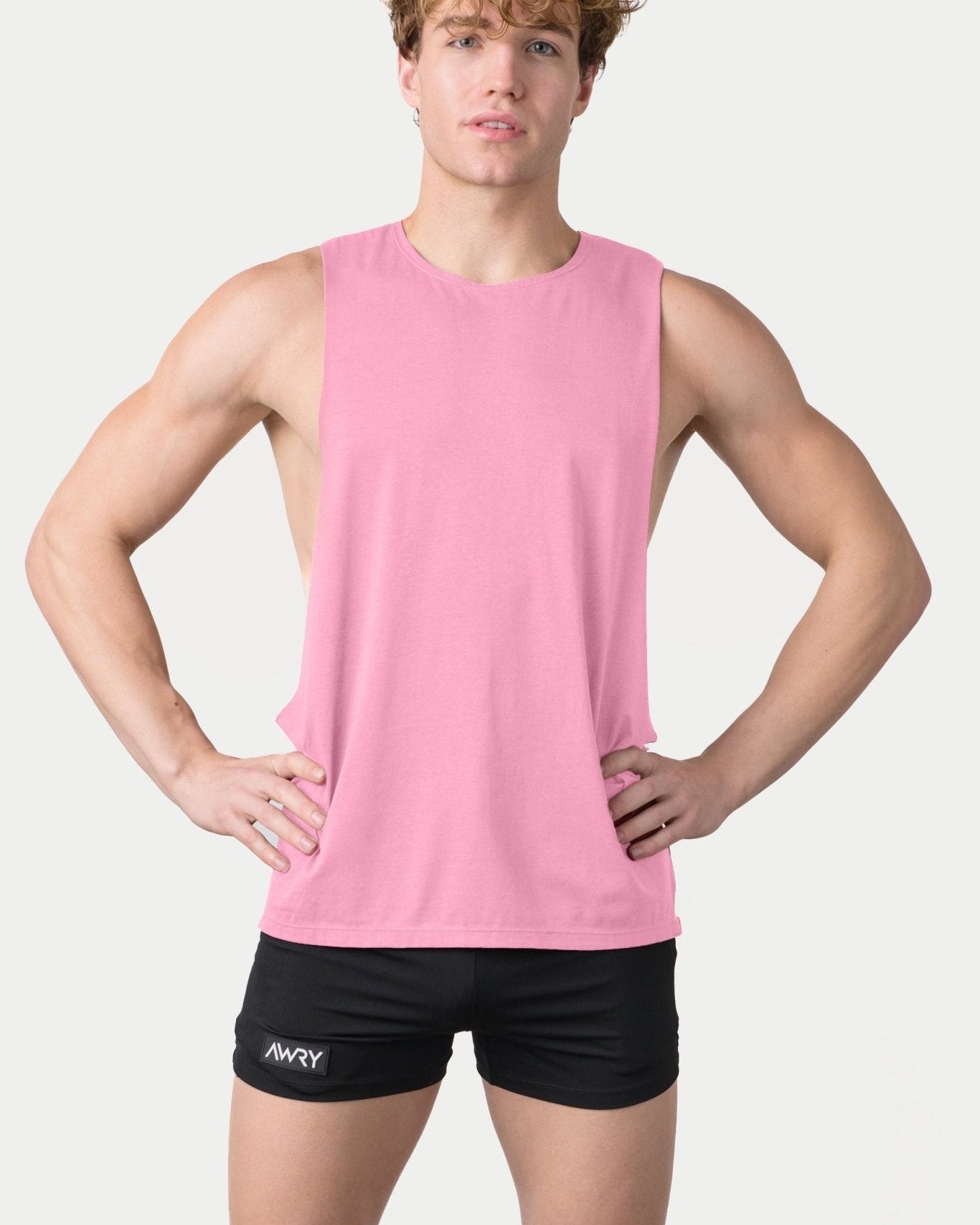 Awry Impact Tank Pink — men's cotton-modal activewear tank with deep side cutouts, front view