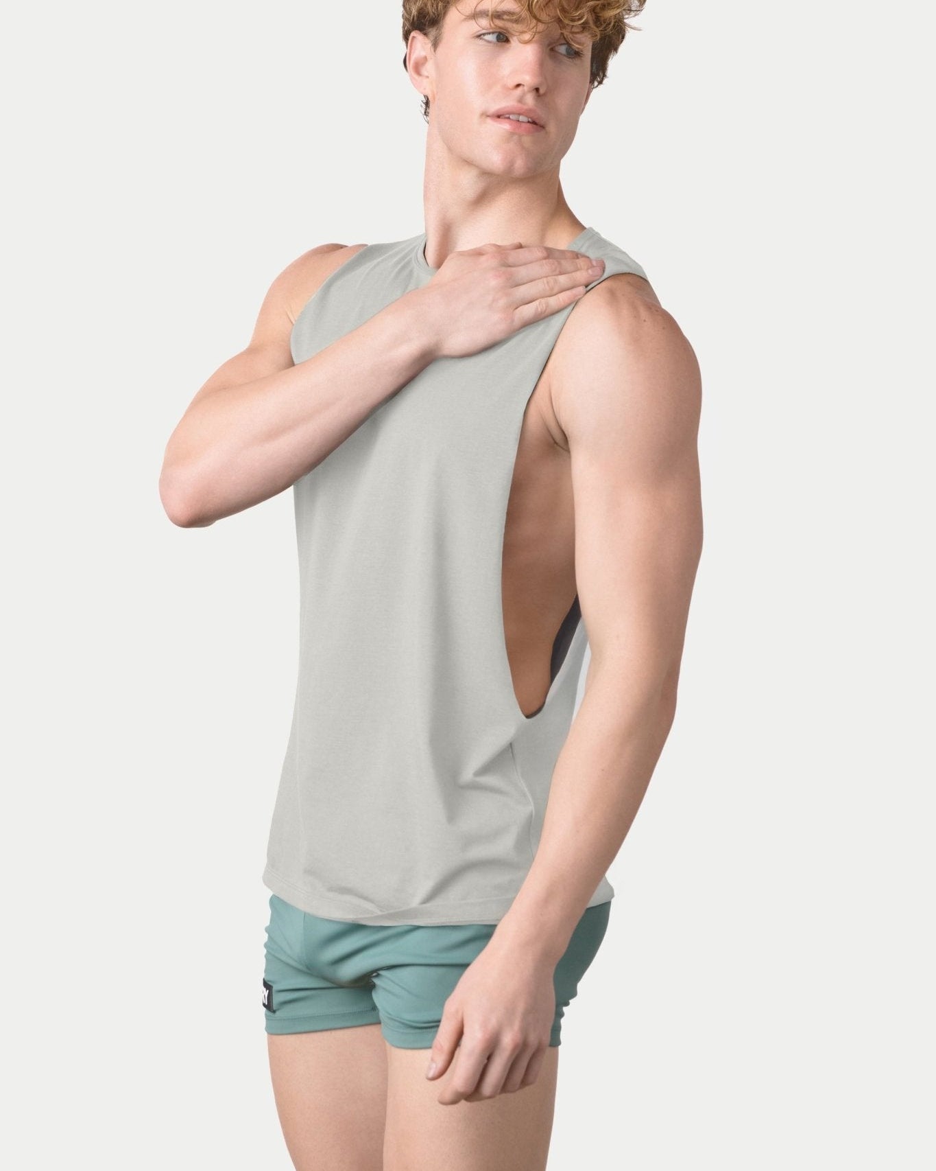 Awry Impact Tank Stone — close-up of organic cotton-modal fabric texture and drape