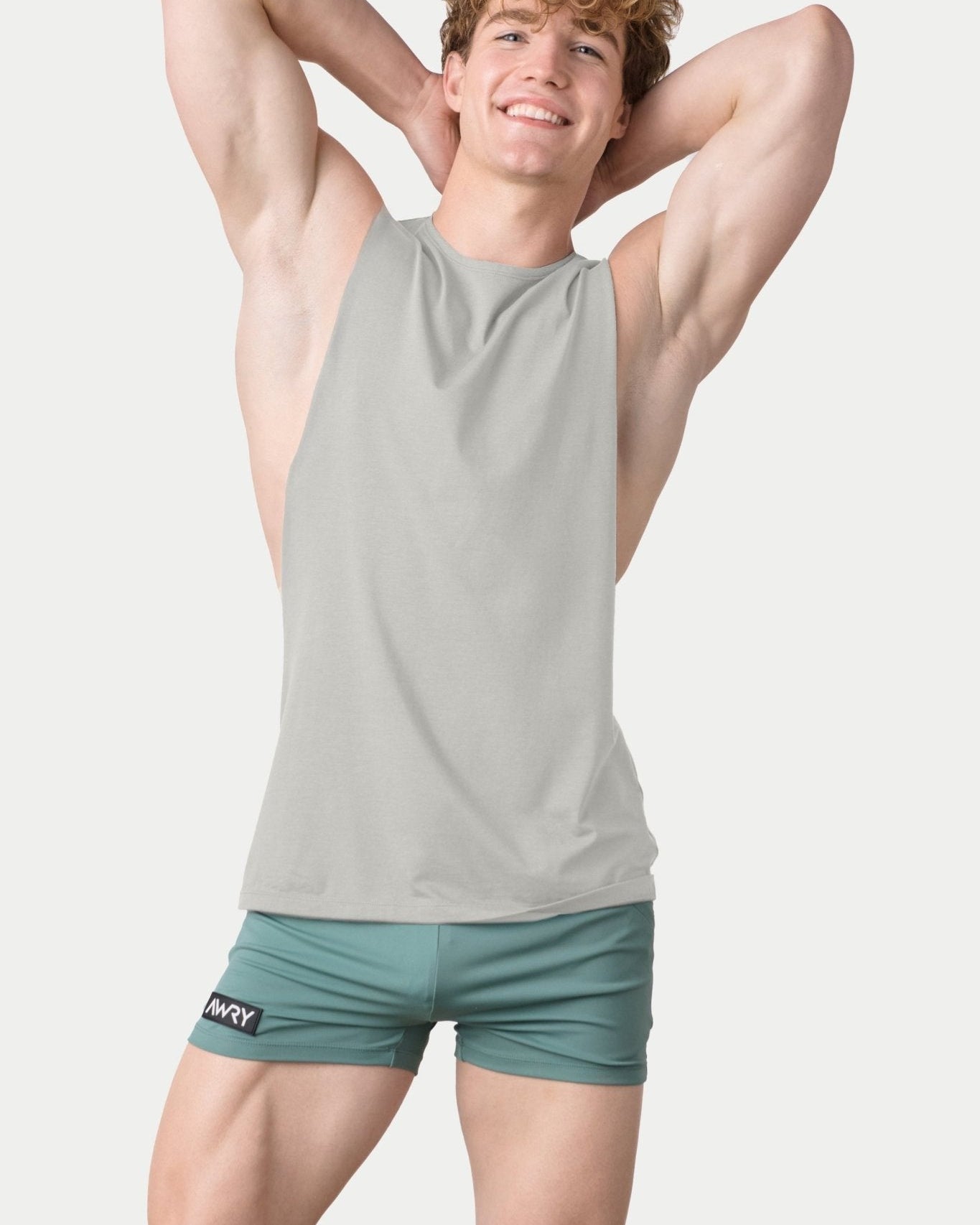 Awry Impact Tank Stone — men's cotton-modal activewear tank with deep side cutouts, front view