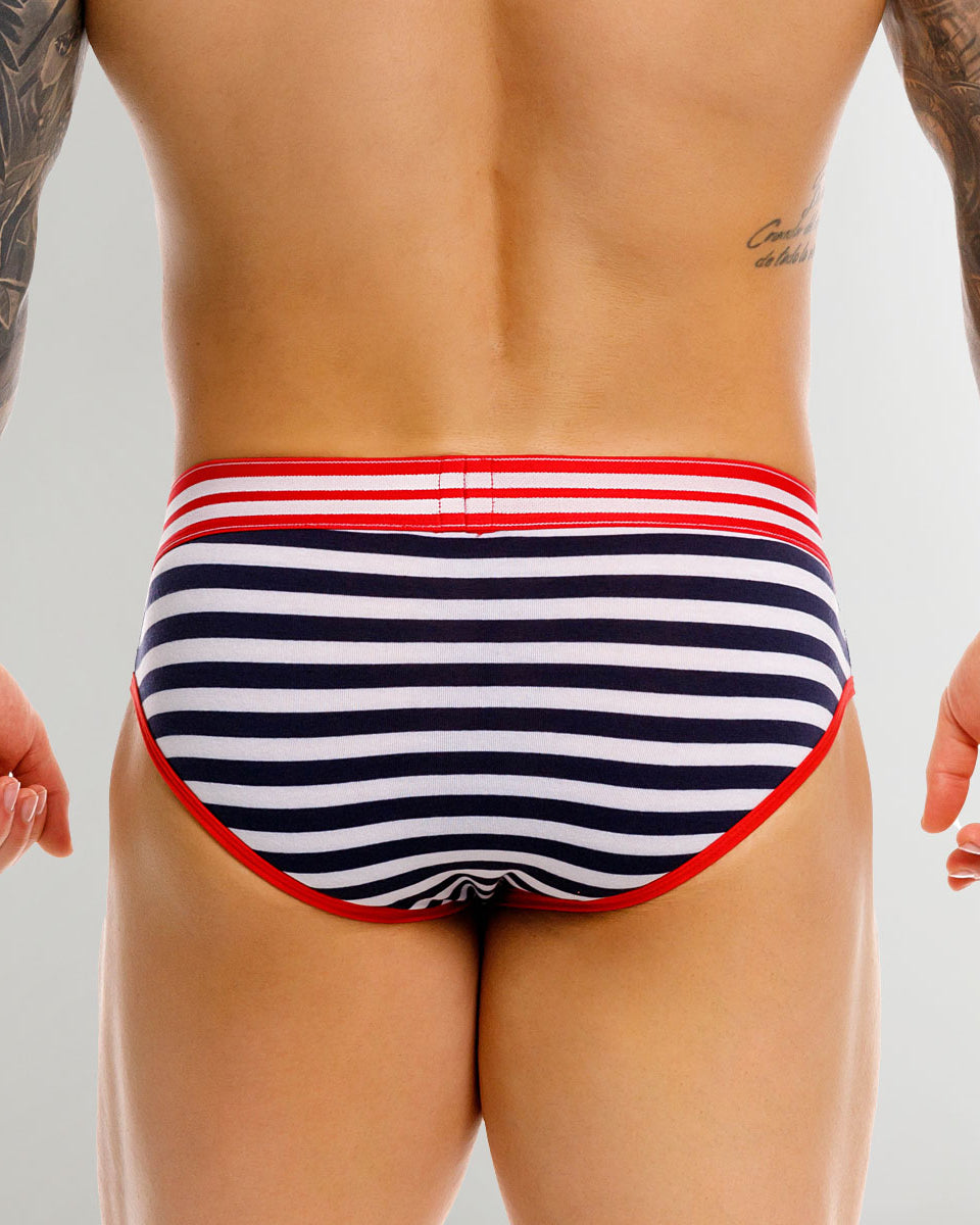JOR Santorini Brief Stripes - men's low-rise striped brief with full back coverage, back view