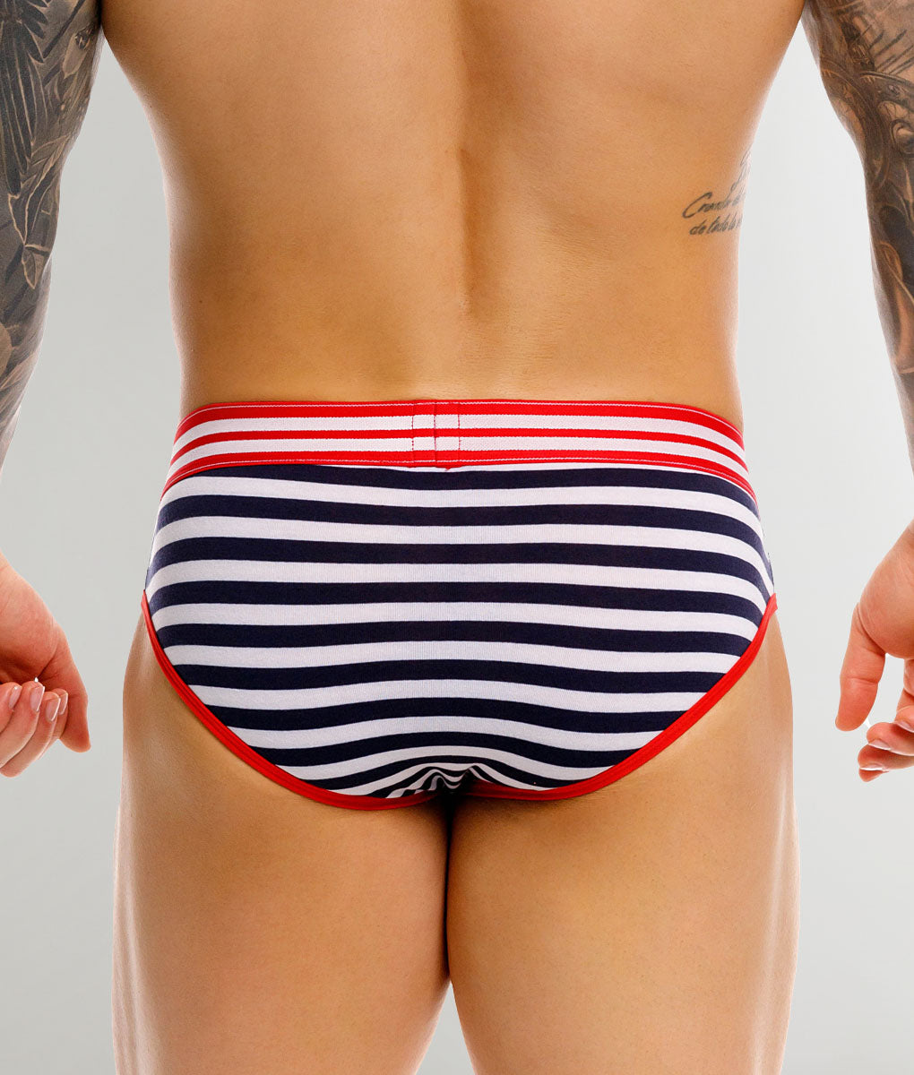 JOR Santorini Brief Stripes - men's low-rise striped brief with full back coverage, back view