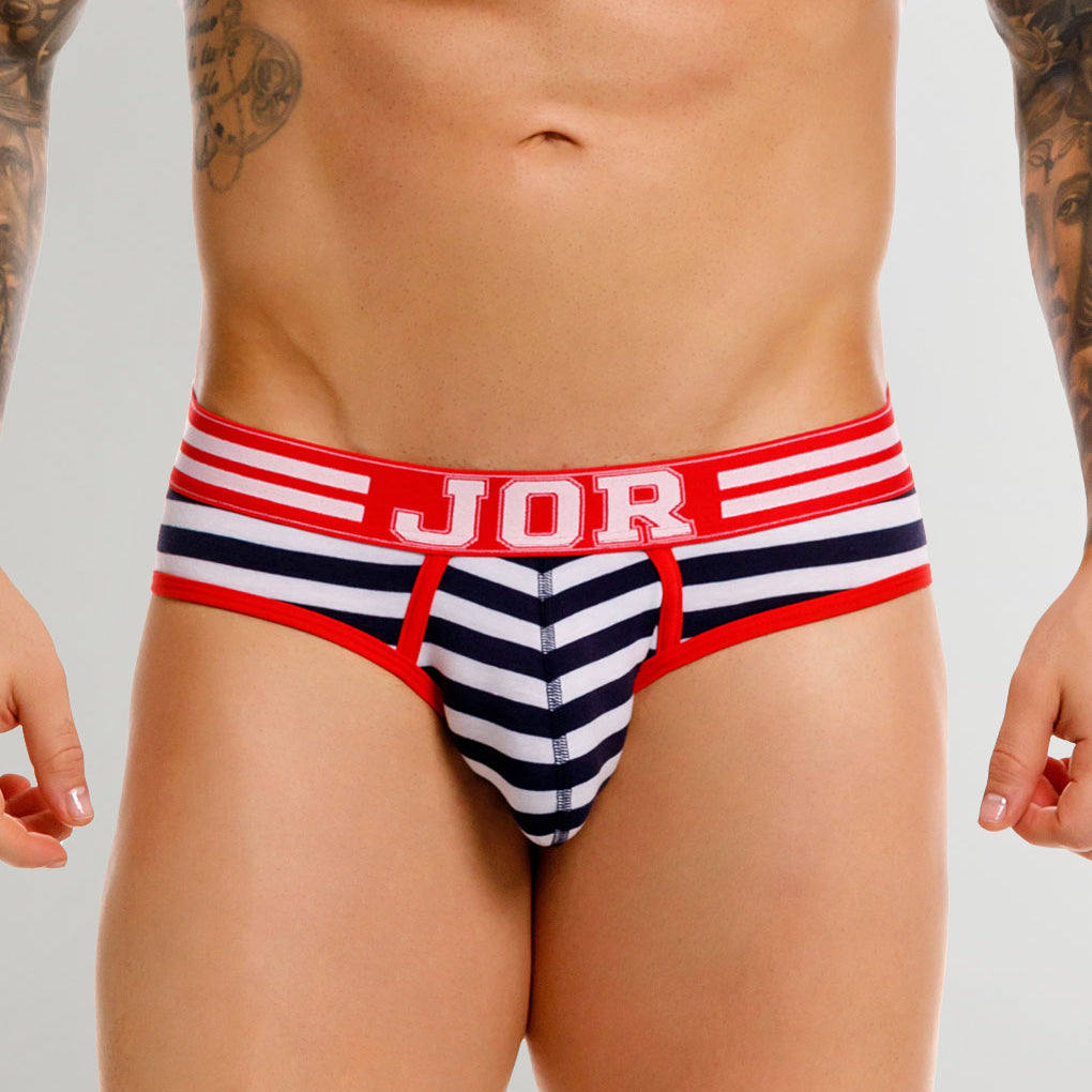 JOR Santorini Brief Stripes - men's low-rise striped cotton brief with contoured pouch, front view