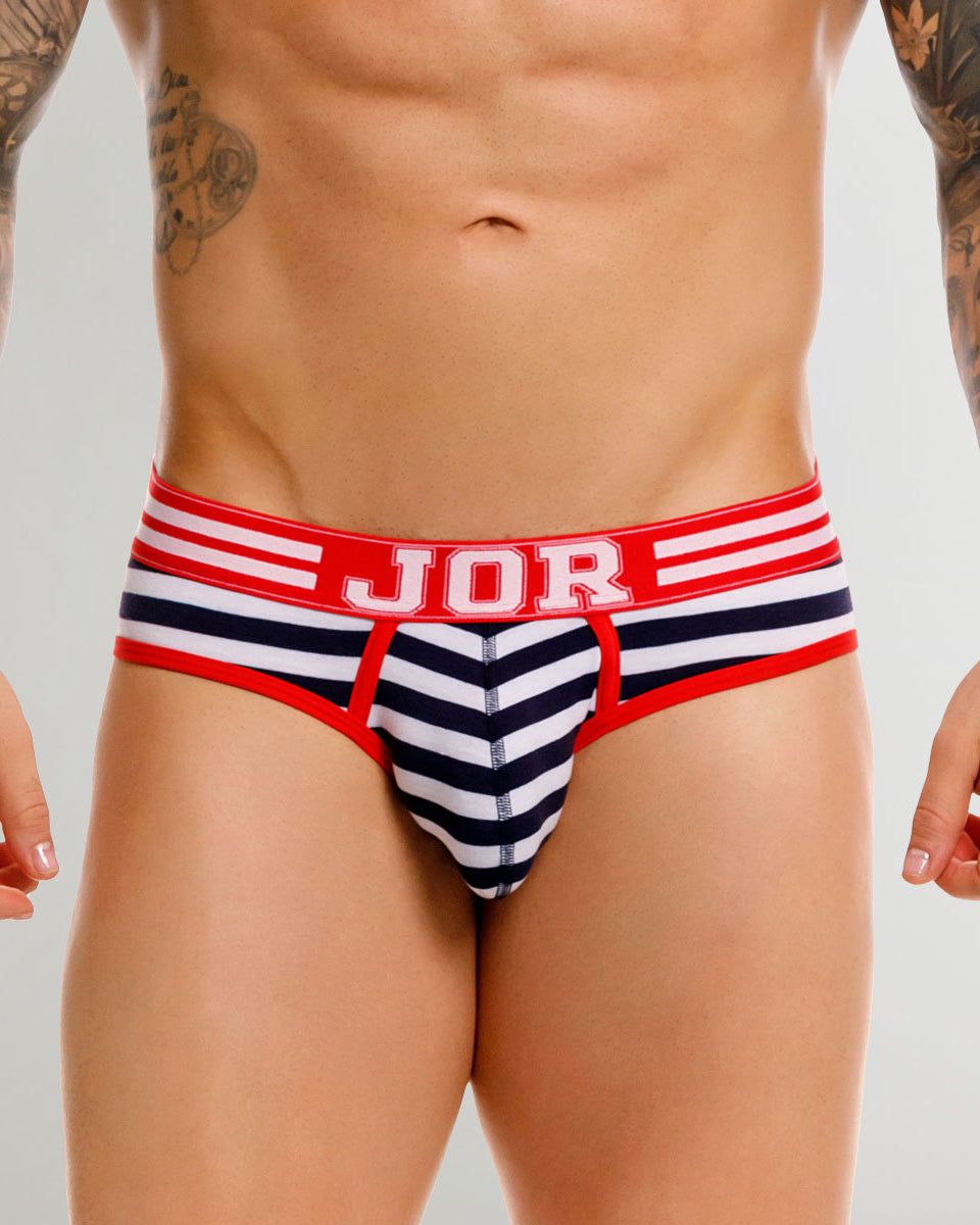 JOR Santorini Brief Stripes - men's low-rise striped cotton brief with contoured pouch, front view