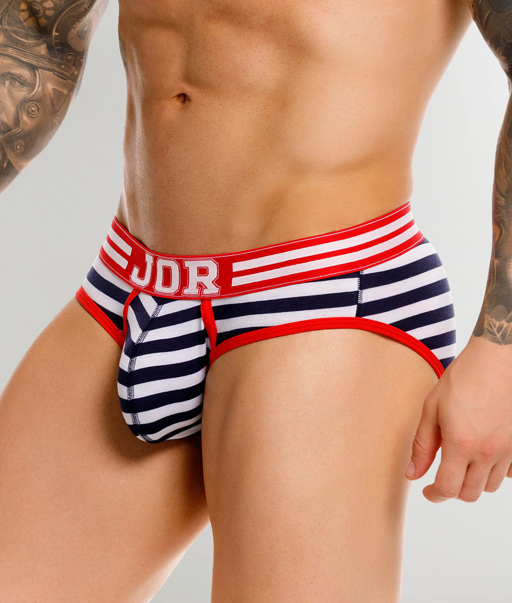 JOR Santorini Brief Stripes - men's low-rise striped cotton brief, side view