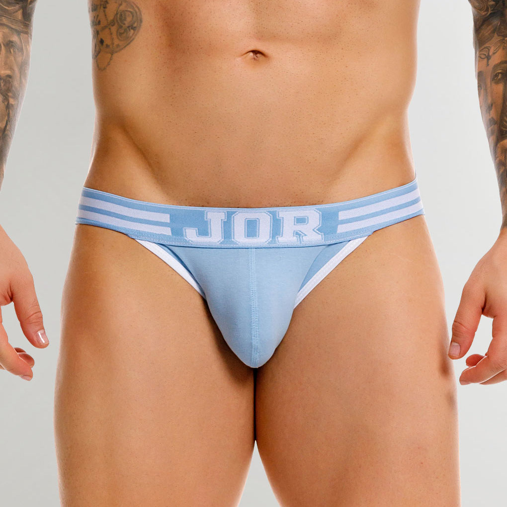 JOR College Jockstrap Blue - men's low-rise cotton jockstrap with contoured pouch, front view