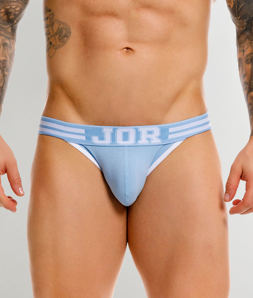 JOR College Jockstrap Blue - men's low-rise cotton jockstrap with contoured pouch, front view