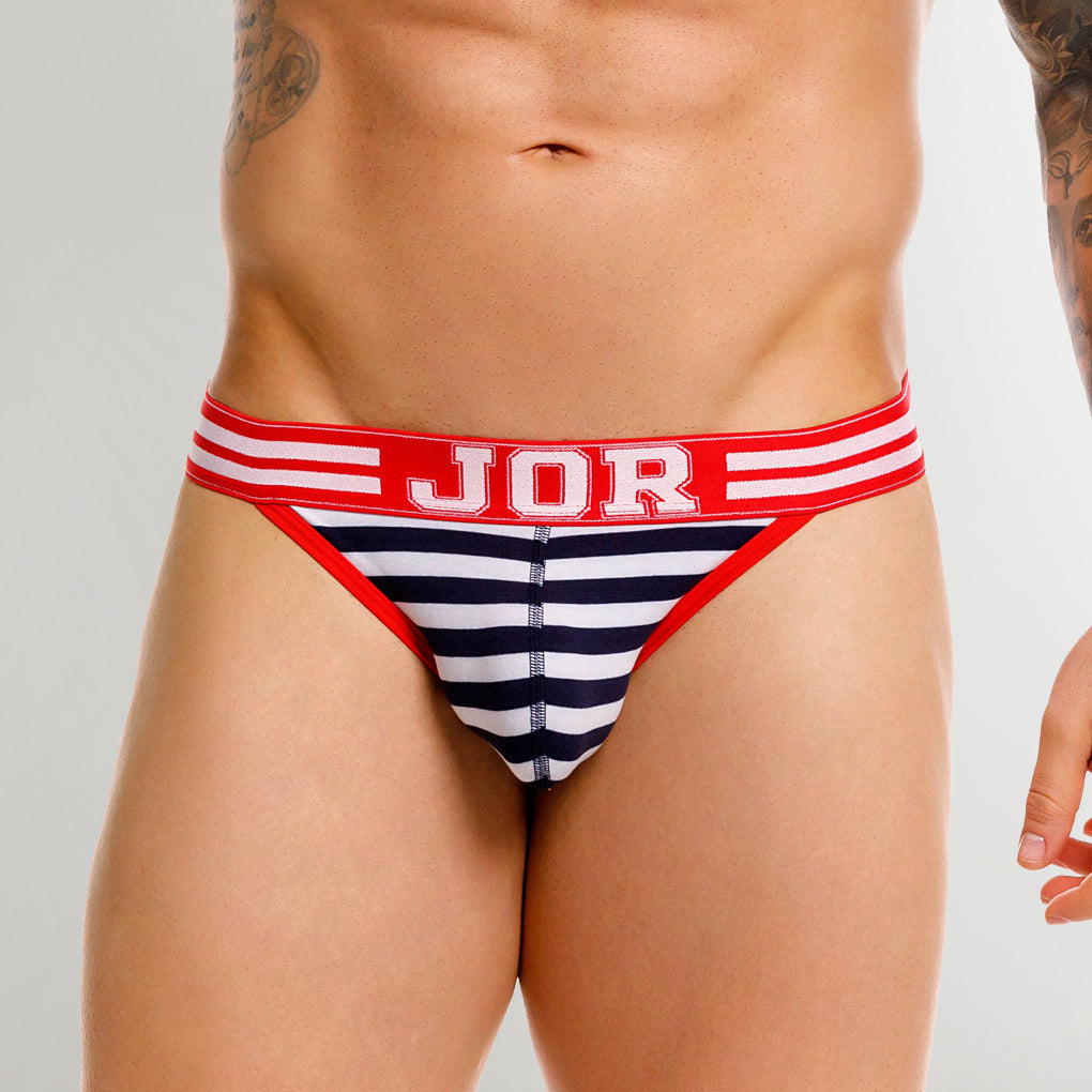 JOR Santorini Jockstrap Stripes - men's low-rise striped cotton jockstrap with contoured pouch, front view