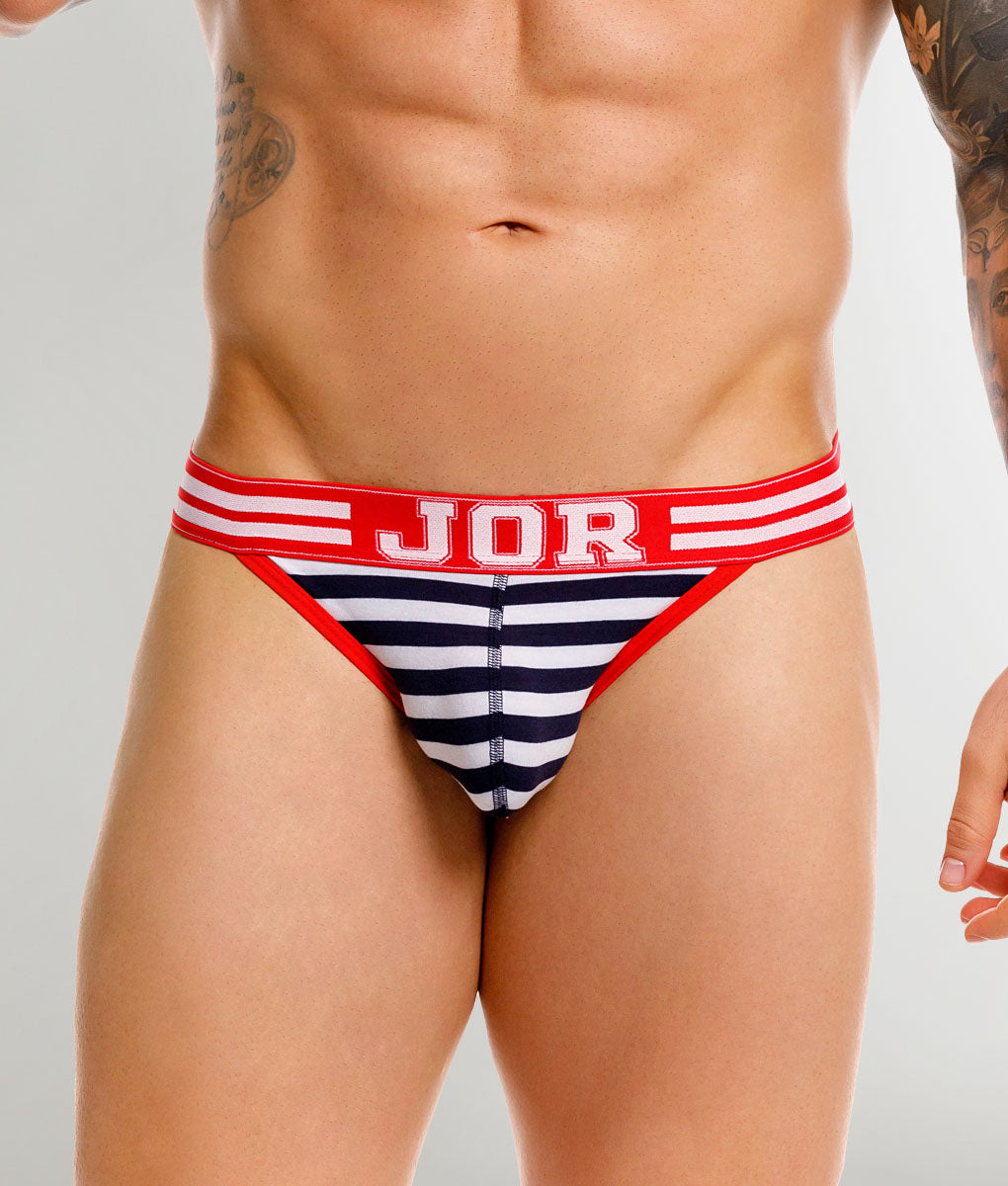 JOR Santorini Jockstrap Stripes - men's low-rise striped cotton jockstrap with contoured pouch, front view