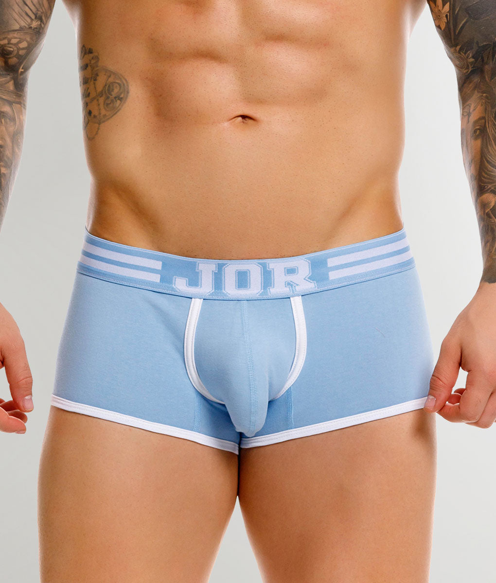 JOR College Trunk Blue - men's low-rise cotton trunk with contoured pouch, front view