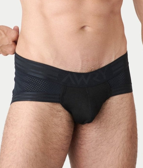 Awry Lift Brief Black — men's performance activewear brief with built-in jockstrap, front view