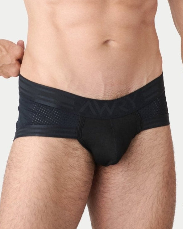 Awry Lift Brief Black — men's performance activewear brief with built-in jockstrap, front view