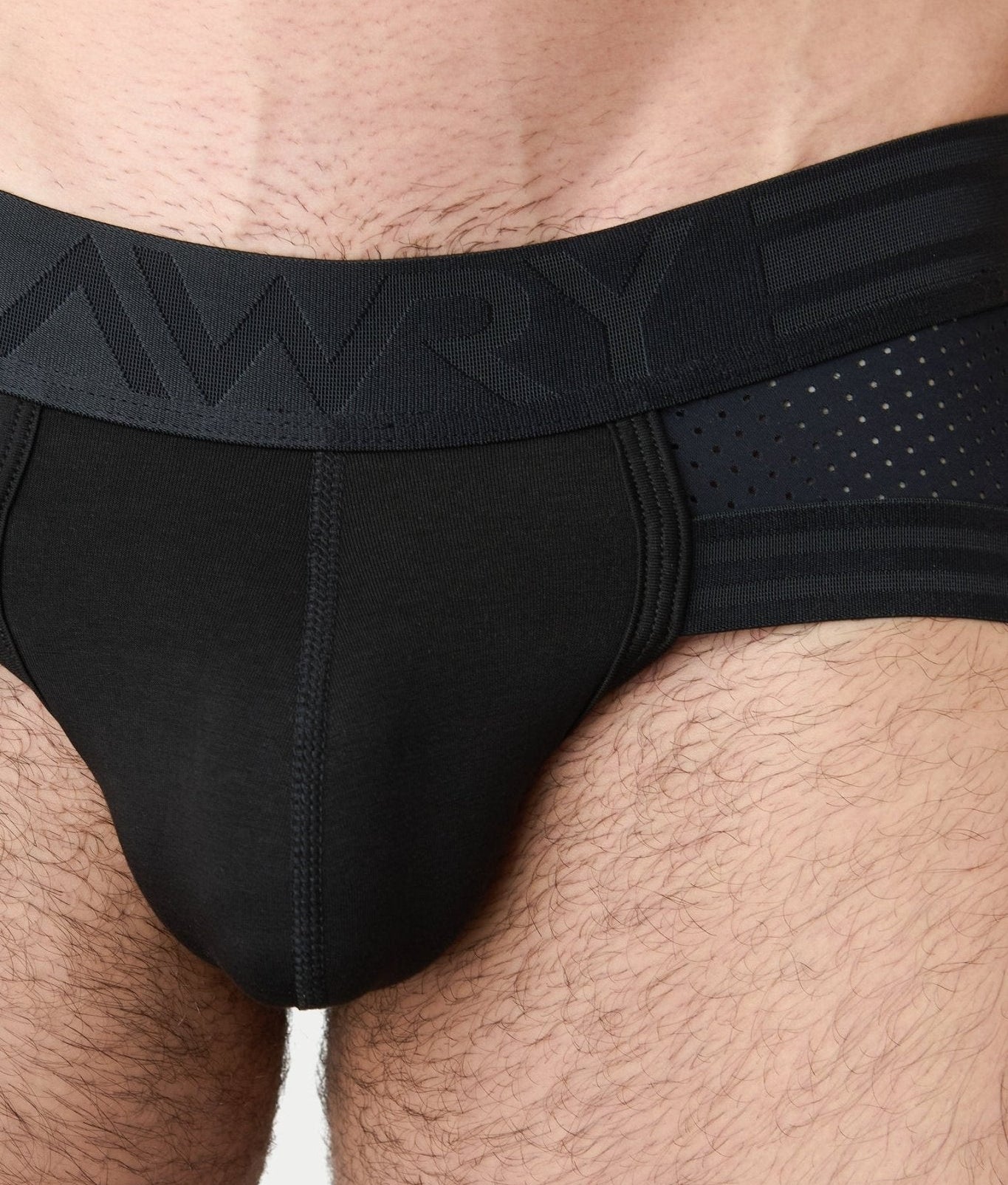 Awry Lift Brief Black — side profile showing 2-ply front pouch and low-rise brief cut