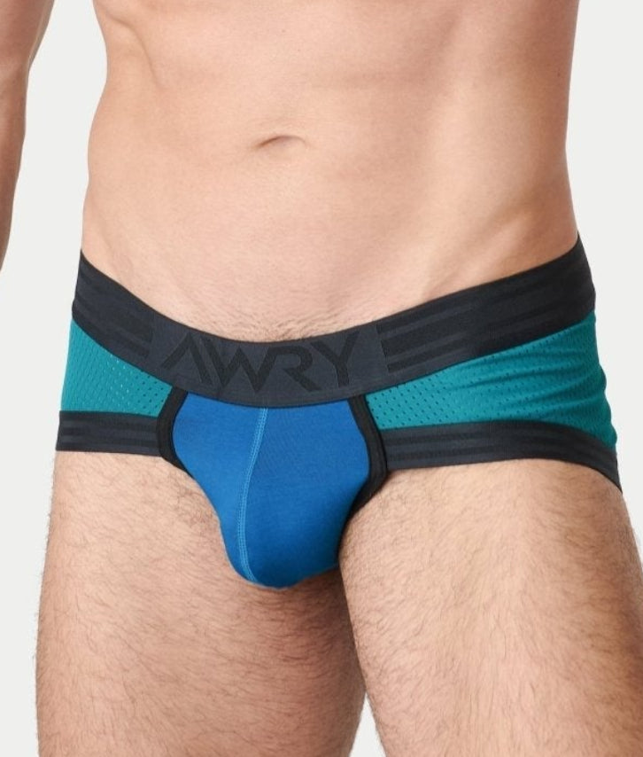 Awry Lift Brief Blue Lagoon — men's performance activewear brief with built-in jockstrap, front view