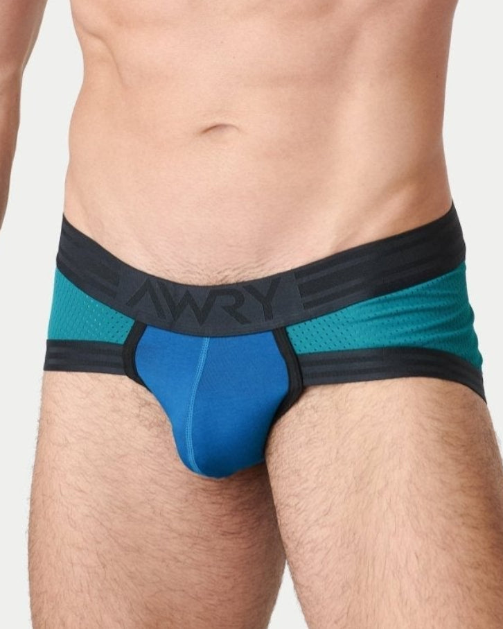 Awry Lift Brief Blue Lagoon — men's performance activewear brief with built-in jockstrap, front view