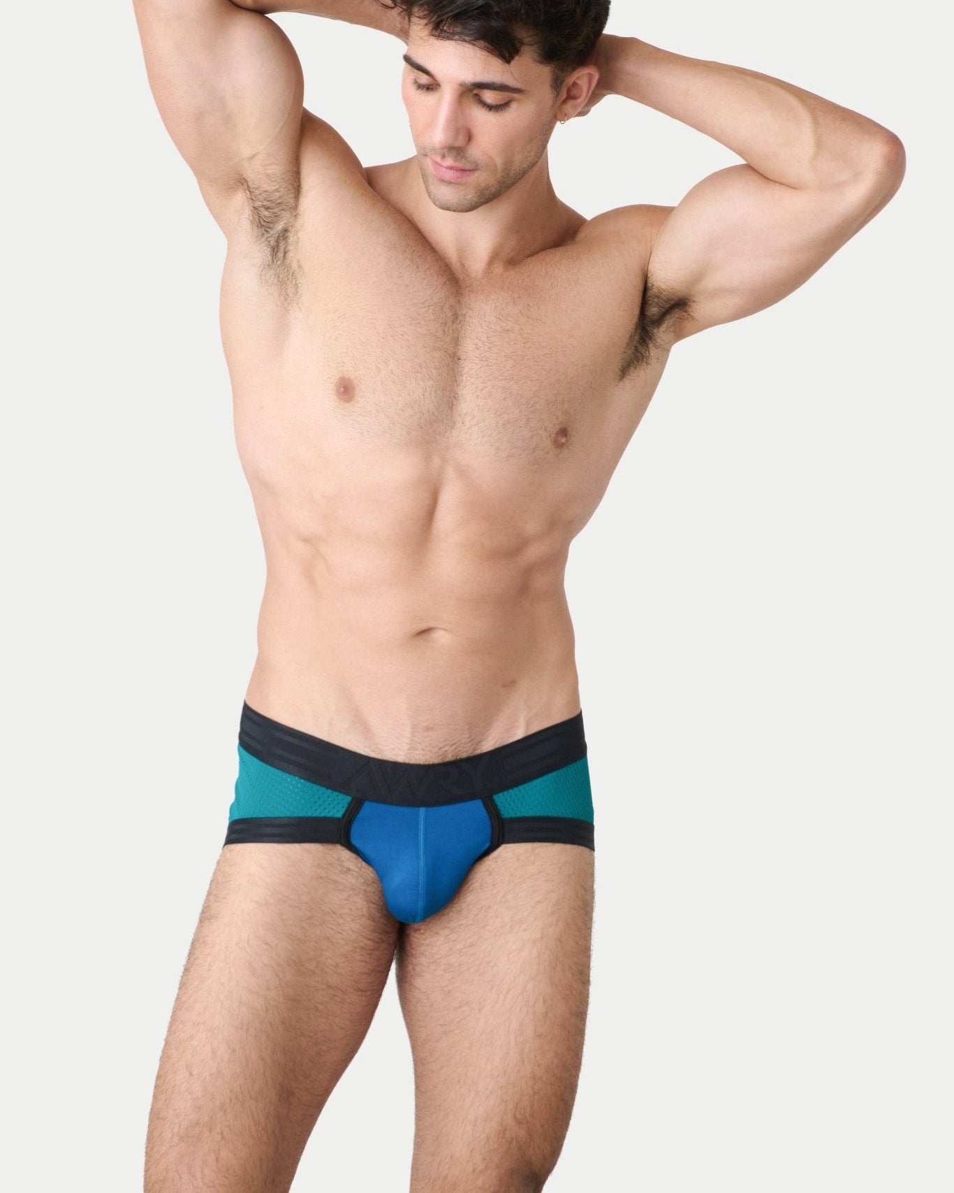 Awry Lift Brief Blue Lagoon — detail shot of branded waistband and 4-way stretch mesh fabric