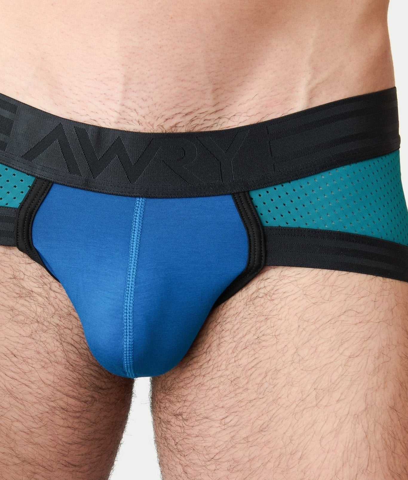 Awry Lift Brief Blue Lagoon — side profile showing 2-ply front pouch and low-rise brief cut