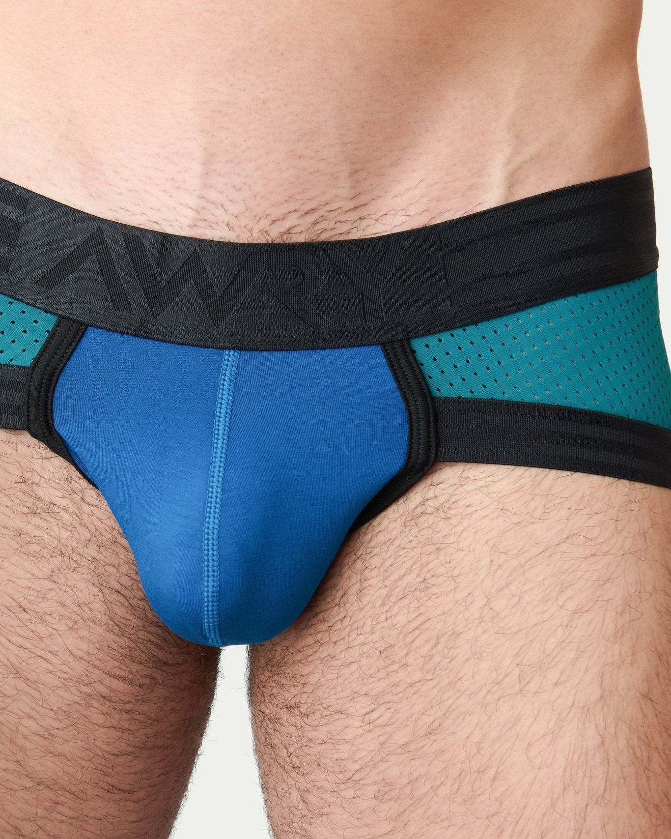 Awry Lift Brief Blue Lagoon — side profile showing 2-ply front pouch and low-rise brief cut