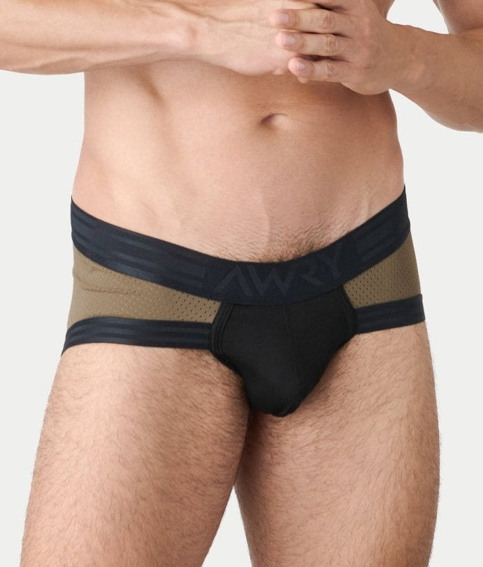 Awry Lift Brief Moss Black - men's brief with built-in jockstrap, front view