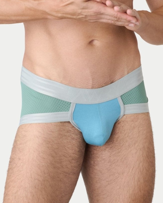 Awry Lift Brief Sea Foam — men's performance activewear brief with built-in jockstrap, front view
