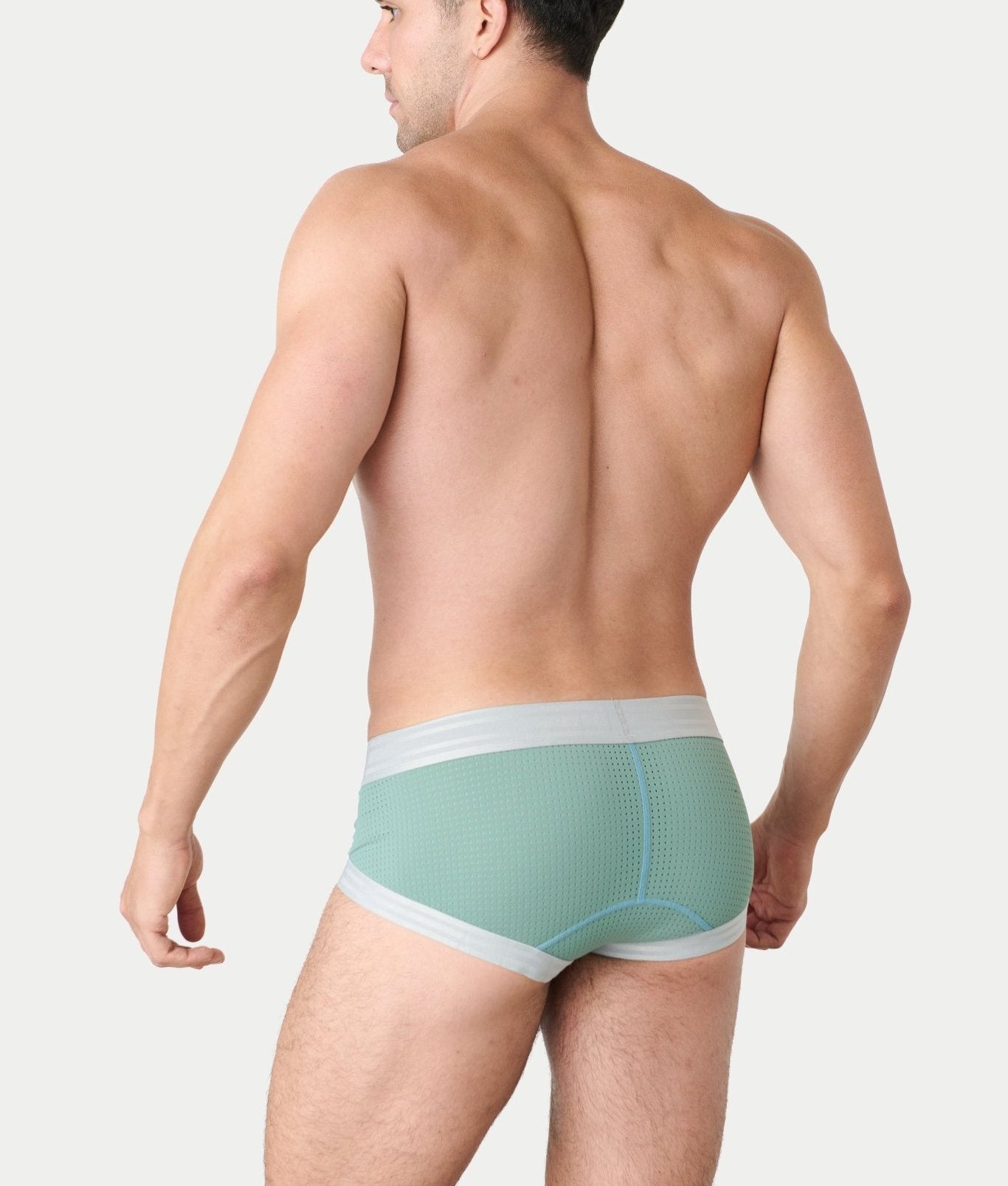 Awry Lift Brief Sea Foam — detail shot of branded waistband and 4-way stretch mesh fabric