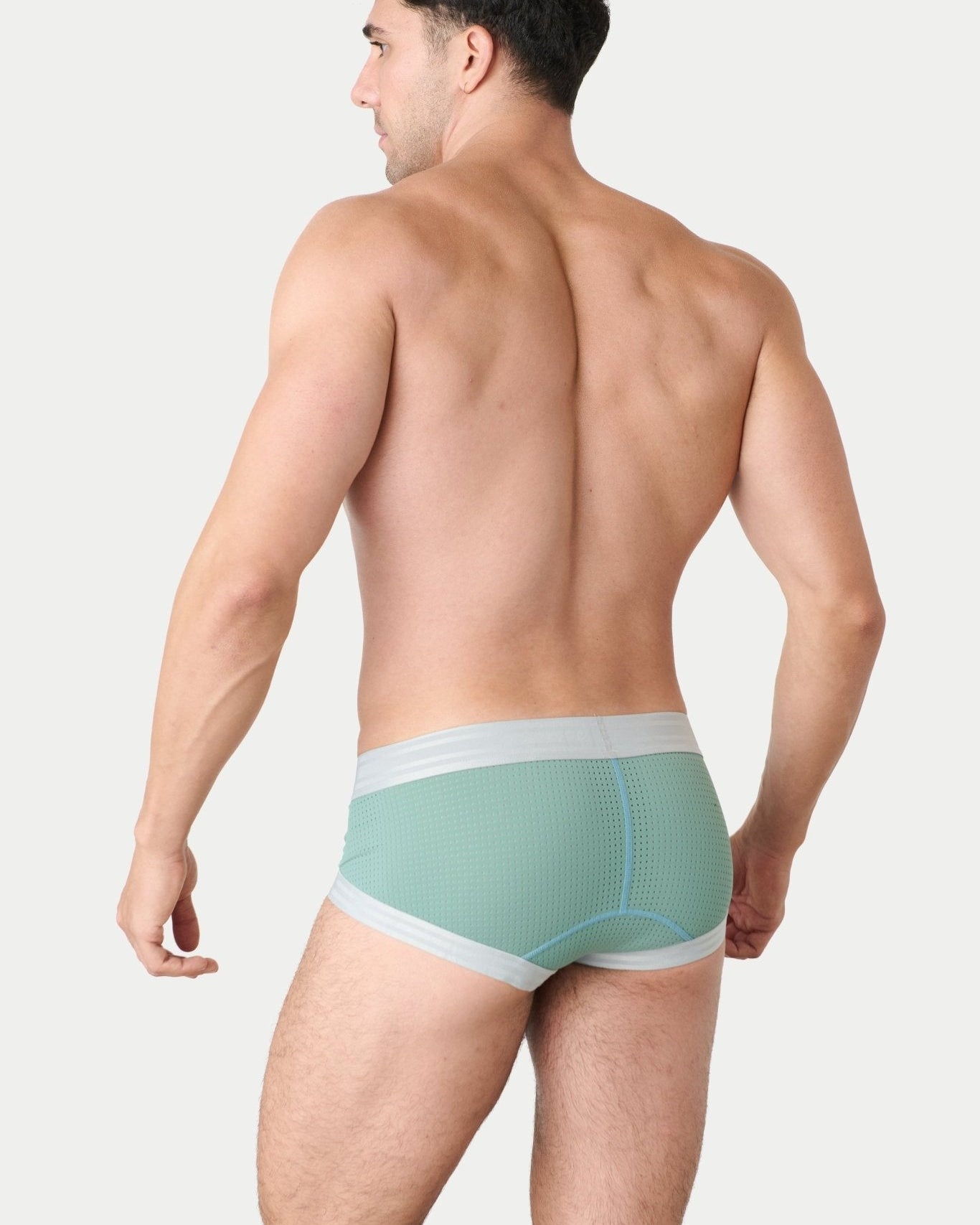 Awry Lift Brief Sea Foam — detail shot of branded waistband and 4-way stretch mesh fabric