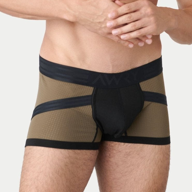 Awry Lift Trunk Moss Black - men's enhancing trunk with built-in jockstrap, front view